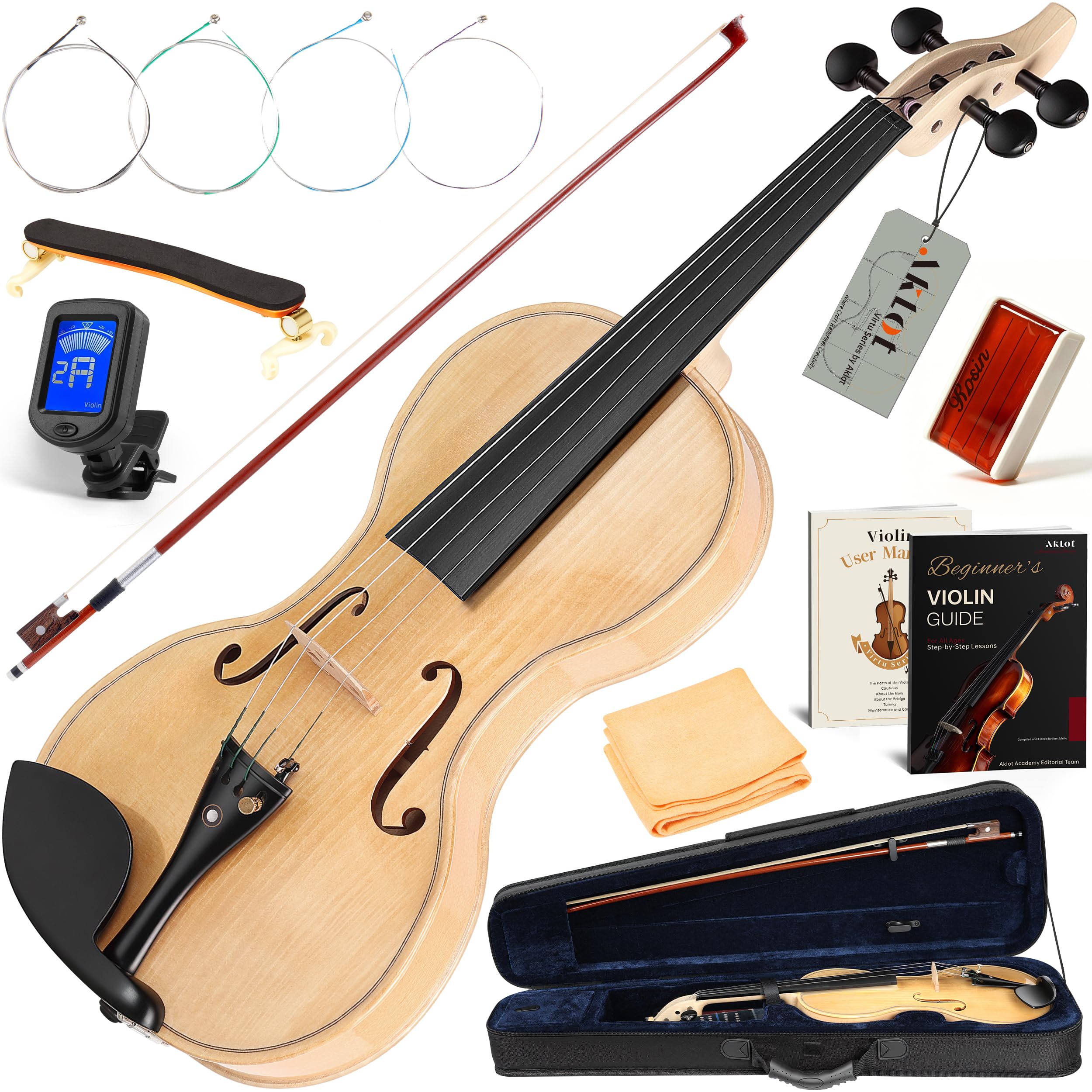 AKLOT Handcrafted Full Size Violin: Solid Wood Matte Fiddle, Acoustic Beginner 4/4 Violin Kit with Hard Case, Lesson Book, Bow, Shoulder Rest, Extra Strings, Tuner, Fretboard Stickers (VRT-AmiCS)