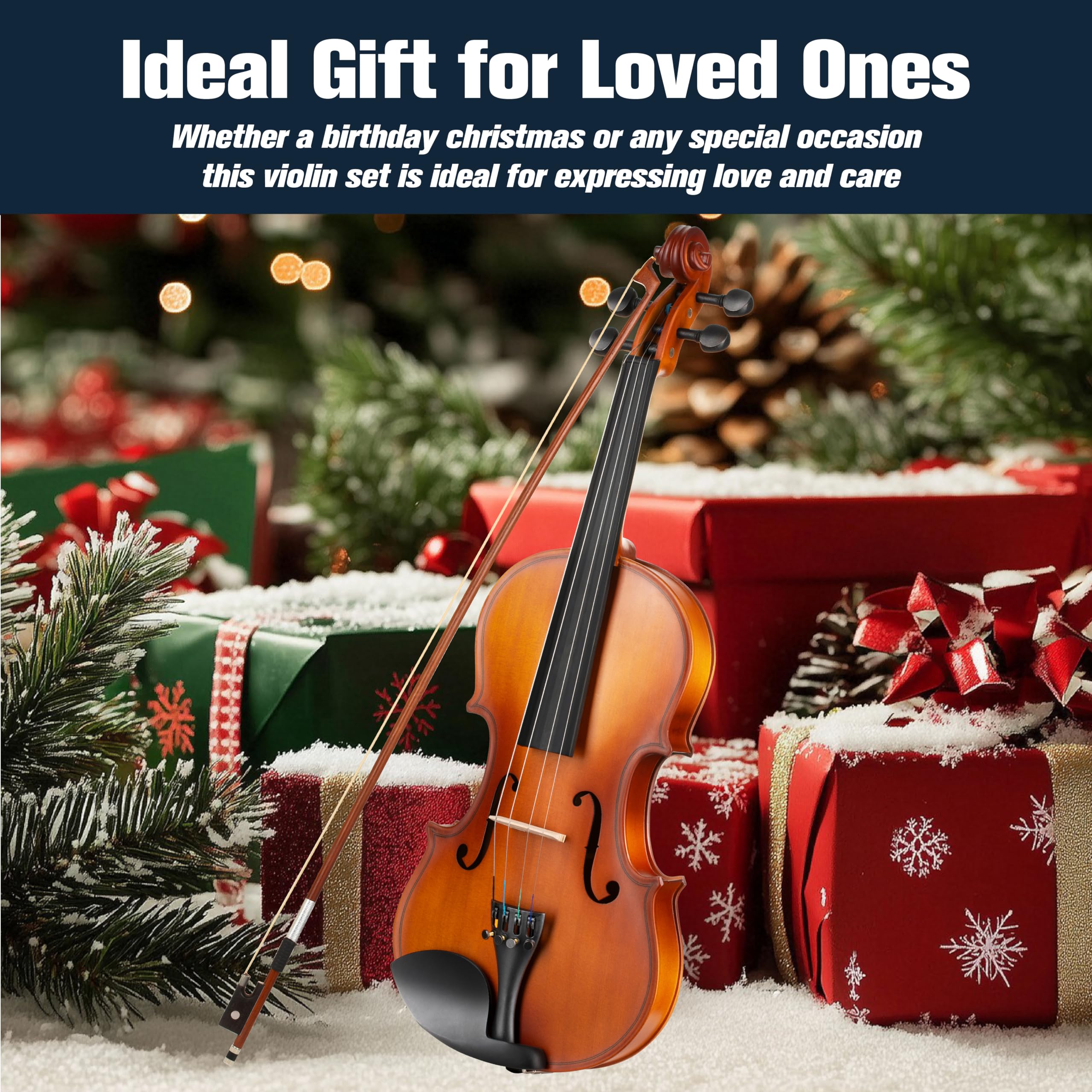 Mendini By Cecilio Violin 4/4 Full Size For Beginners - Fiddle Solidwood Kit with Hard Case - Acoustic Violins with Bow, Rosin, Tuner, Extra Strings & Bridge, Shoulder Rest and Lesson Book (Varnish)