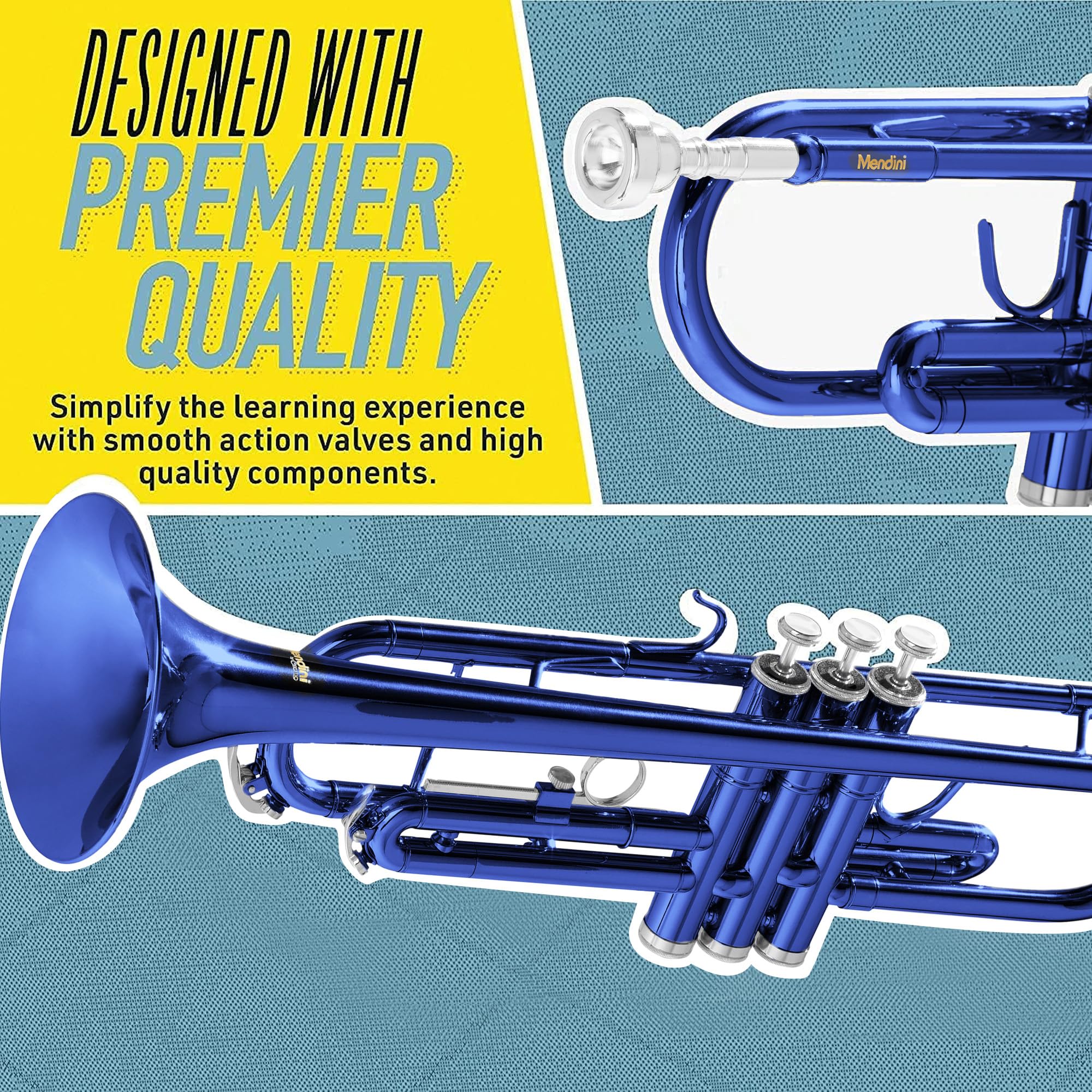 Mendini By Cecilio Bb Standard Trumpet Set for Beginners - Brass Trumpet Instrument with Hard Case, 7C Mouthpiece, Valve Oil, Cleaning Cloth, Maintenance kit and Gloves (Gold)