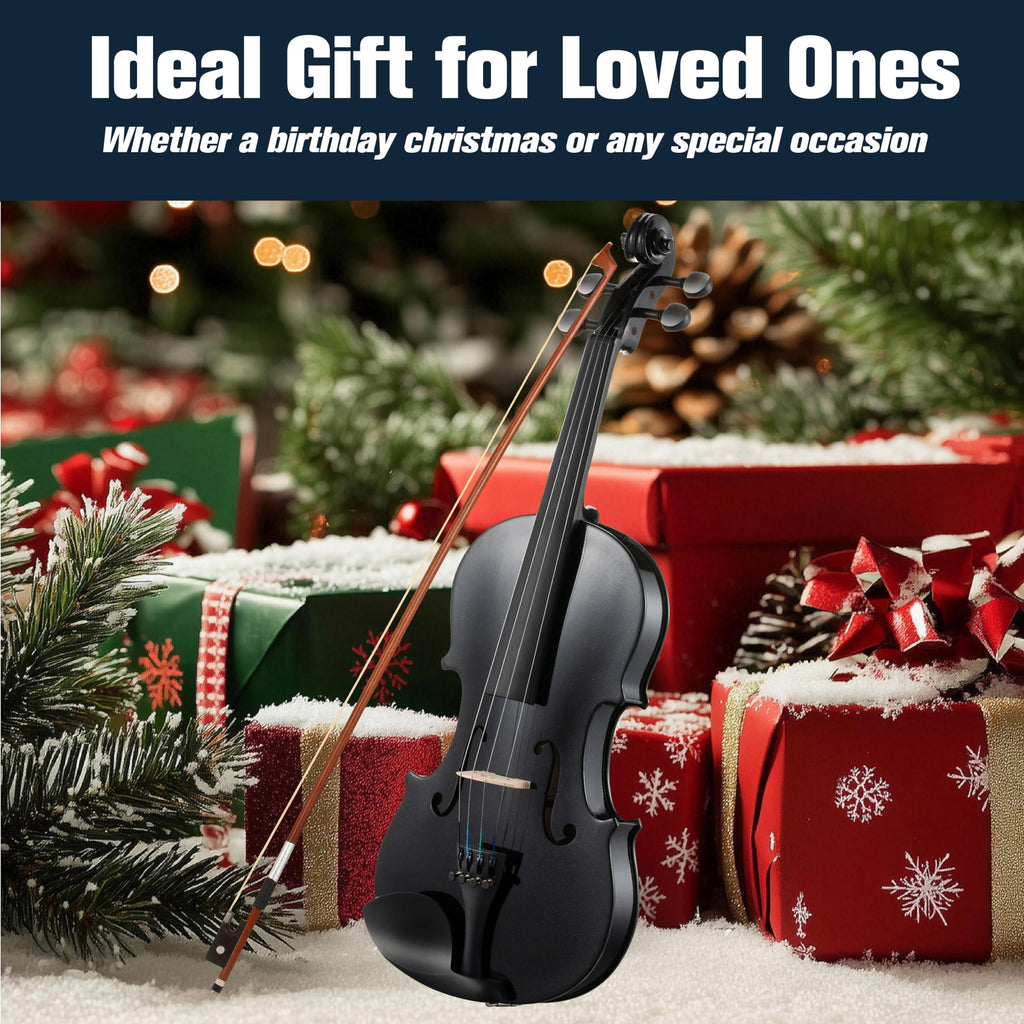 Mendini by Cecilio Violin 4/4 Full Size Kit For Beginners - Hand Carved Acoustic Violins Set - Fiddle Solid Wood Kit with Hard Case, Bow, Rosin, Shoulder Rest, Bridge and Extra Strings (Black)