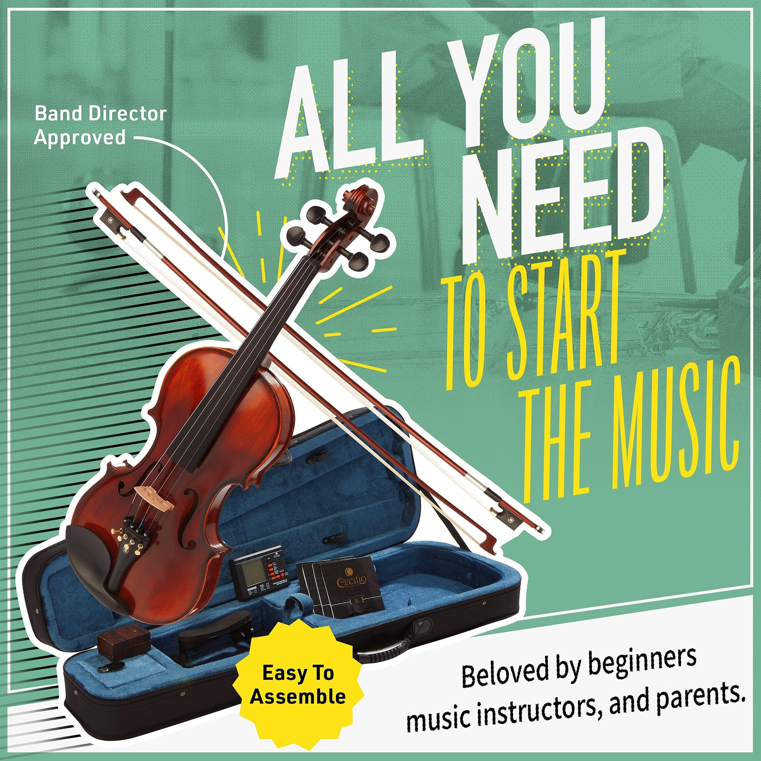 Mendini By Cecilio 4/4 Violin For Beginners, Black Solid Wood - Flamed Acoustic Violins Set with Case, Tuner, Shoulder Rest, Bow, Rosin, Bridge & Strings