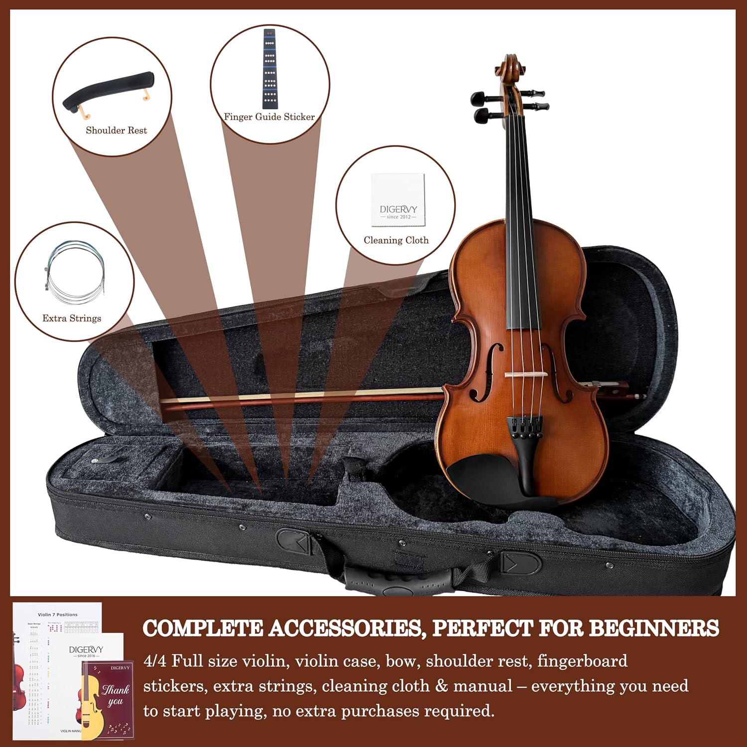 Solid Wood 4/4 Violin for Beginners – Spruce Top & Maple Back Acoustic Violin, Starter Kit with Rosewood Bow,Shoulder Rest, Extra Strings and Cleaning Cloth (Classic, Full)