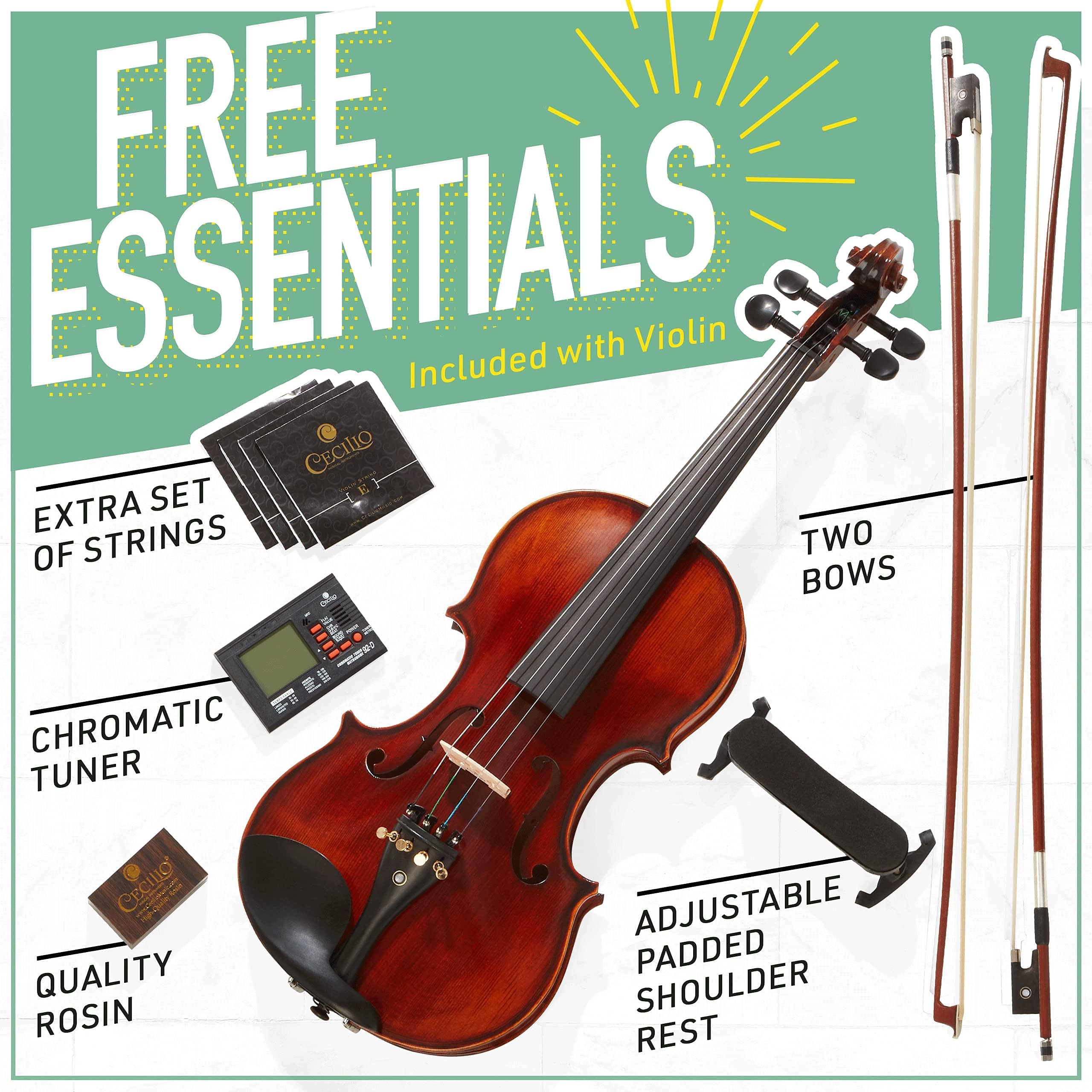 Mendini By Cecilio 4/4 Violin For Beginners, Black Solid Wood - Flamed Acoustic Violins Set with Case, Tuner, Shoulder Rest, Bow, Rosin, Bridge & Strings