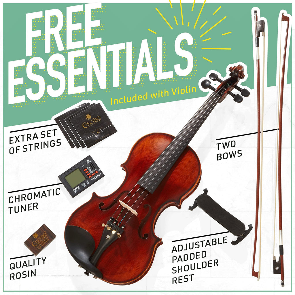 Mendini By Cecilio 4/4 Violin For Beginners, Black Solid Wood - Flamed Acoustic Violins Set with Case, Tuner, Shoulder Rest, Bow, Rosin, Bridge & Strings