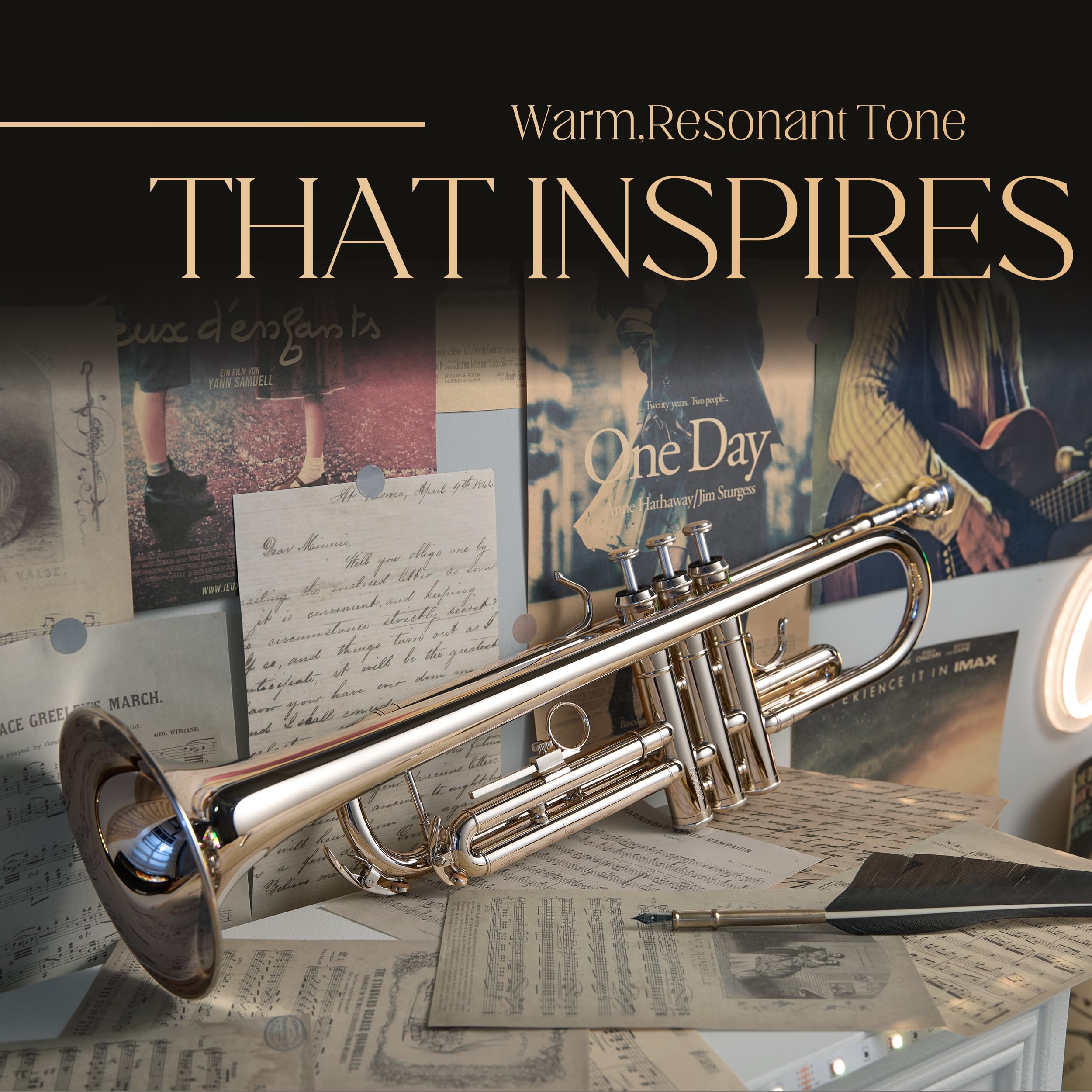 AKLOT Hand-Hammered Bell Bb Trumpet: Smooth Valve Action, Clear-Lacquered Brass Body, Standard Trumpet Beginner Set with Leather Case, Lesson Book, Trumpet Mute, Mouthpiece, Cleaning Kit (SNR-BrzED)