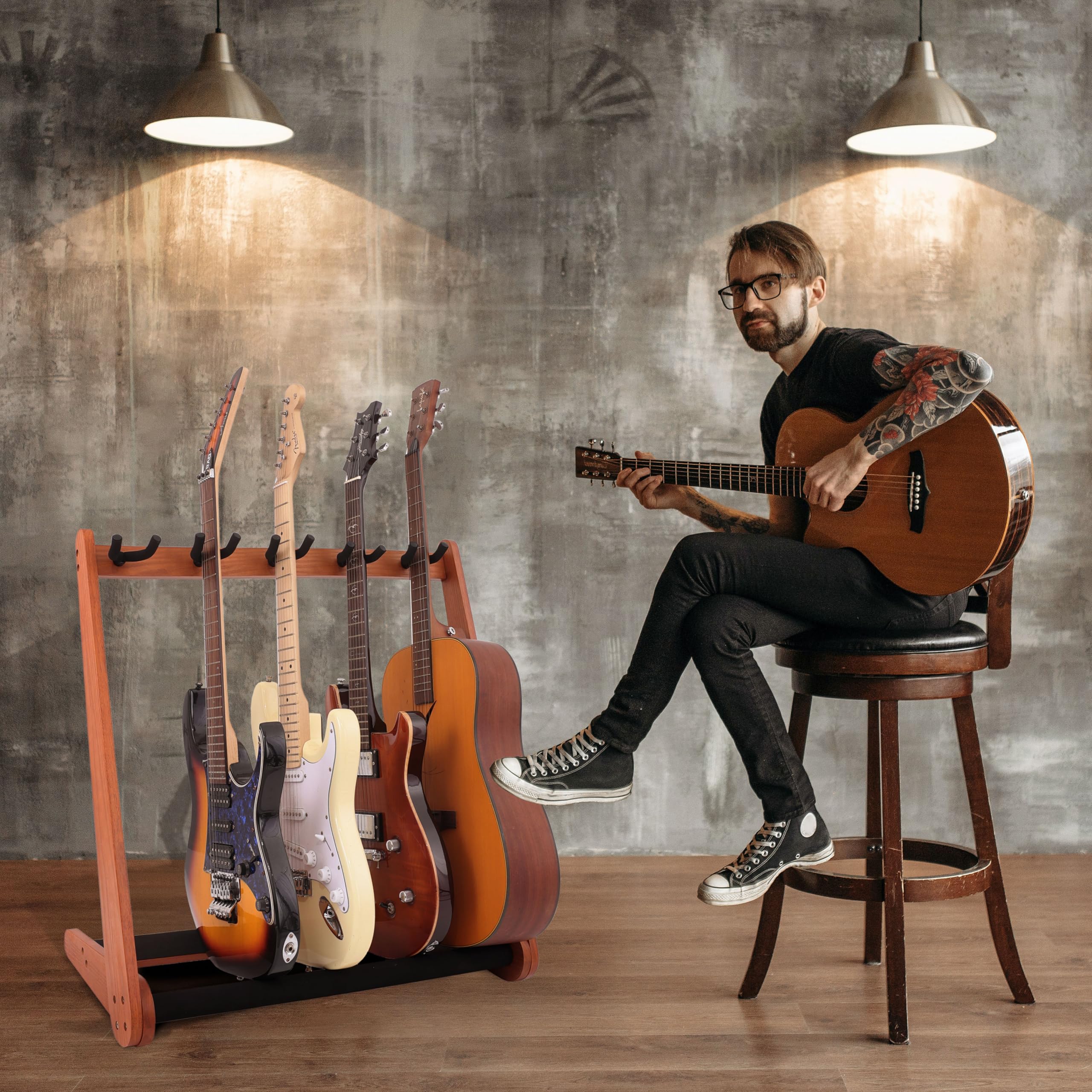 Nefelibata Multi-Purpose Guitar Stands 5 Wooden Guitar Rack Floor Stand for Guitars and Cases, Electric Guitars, Acoustic Guitars, Bass Guitars, Cellos - German Ash (Yellowish Brown)