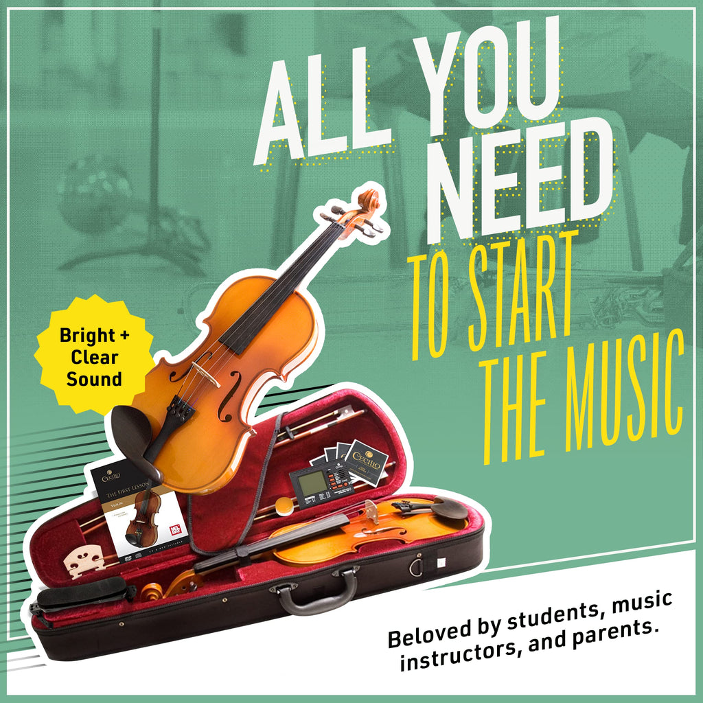 Mendini by Cecilio Violin 4/4 Full Size Set For Beginners - Hand Carved Acoustic Violins Set - Fiddle Solidwood Kit with Hard Case, Two Bows, Tuner, Rosin, Shoulder Rest, Extra Strings, Lesson Book