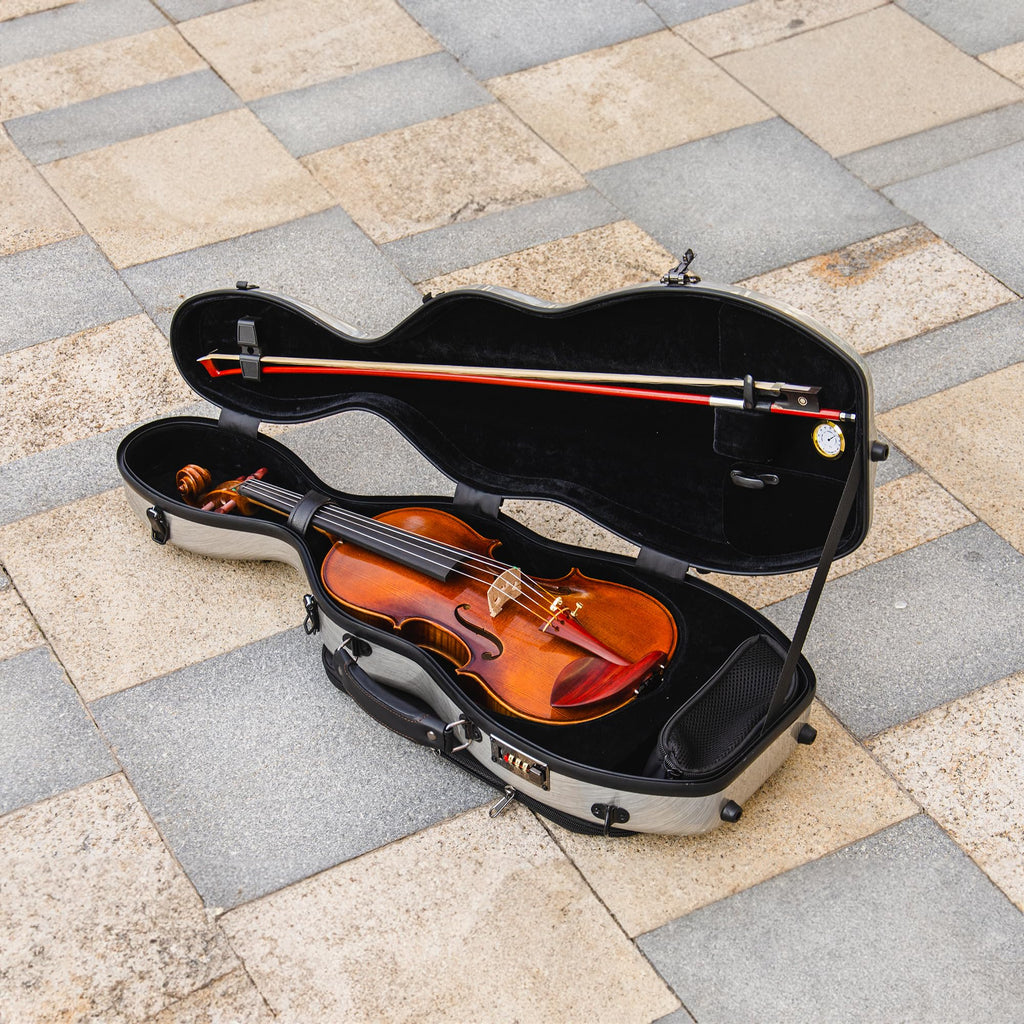 Christina violin case 4/4 Full Size Violin case High-Strength Carbon Fiber Pear-Shaped Violin Music Bag With Combination Lock and Extra Bag Gray Violin Hard Case (VB-Random type-SilveryGray spot)