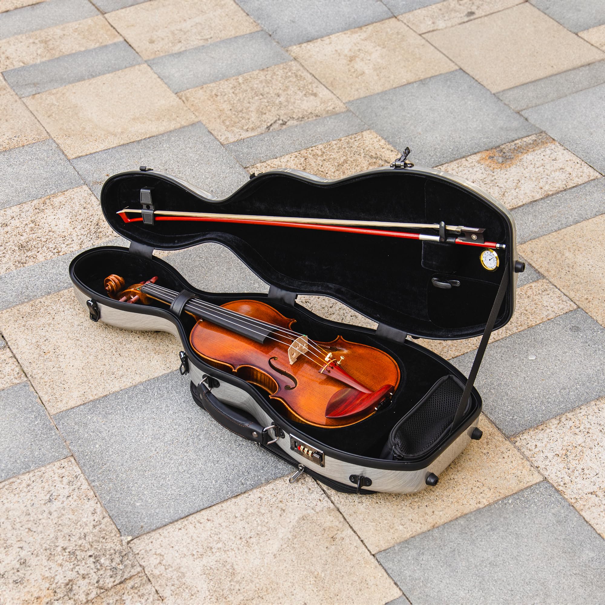 Christina violin case 4/4 Full Size Violin case High-Strength Carbon Fiber Pear-Shaped Violin Music Bag With Combination Lock and Extra Bag Gray Violin Hard Case (VB-Random type-SilveryGray spot)