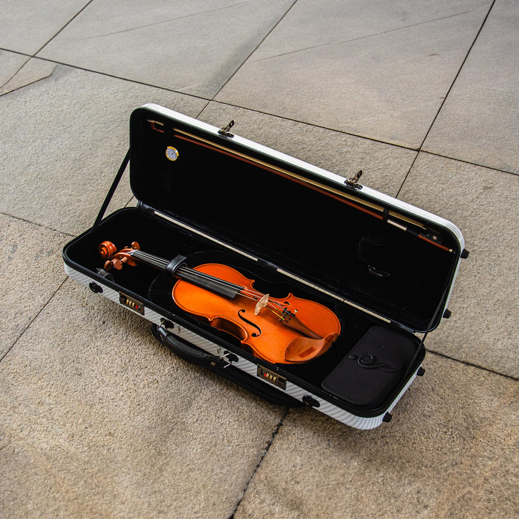 Christina 4/4 Full Size Violin case High-Strength Carbon Fiber Rectangular Violin Music Bag With Combination Lock and Extra Bag White Violin Hard Case (VB-Square-White Stripe spot)
