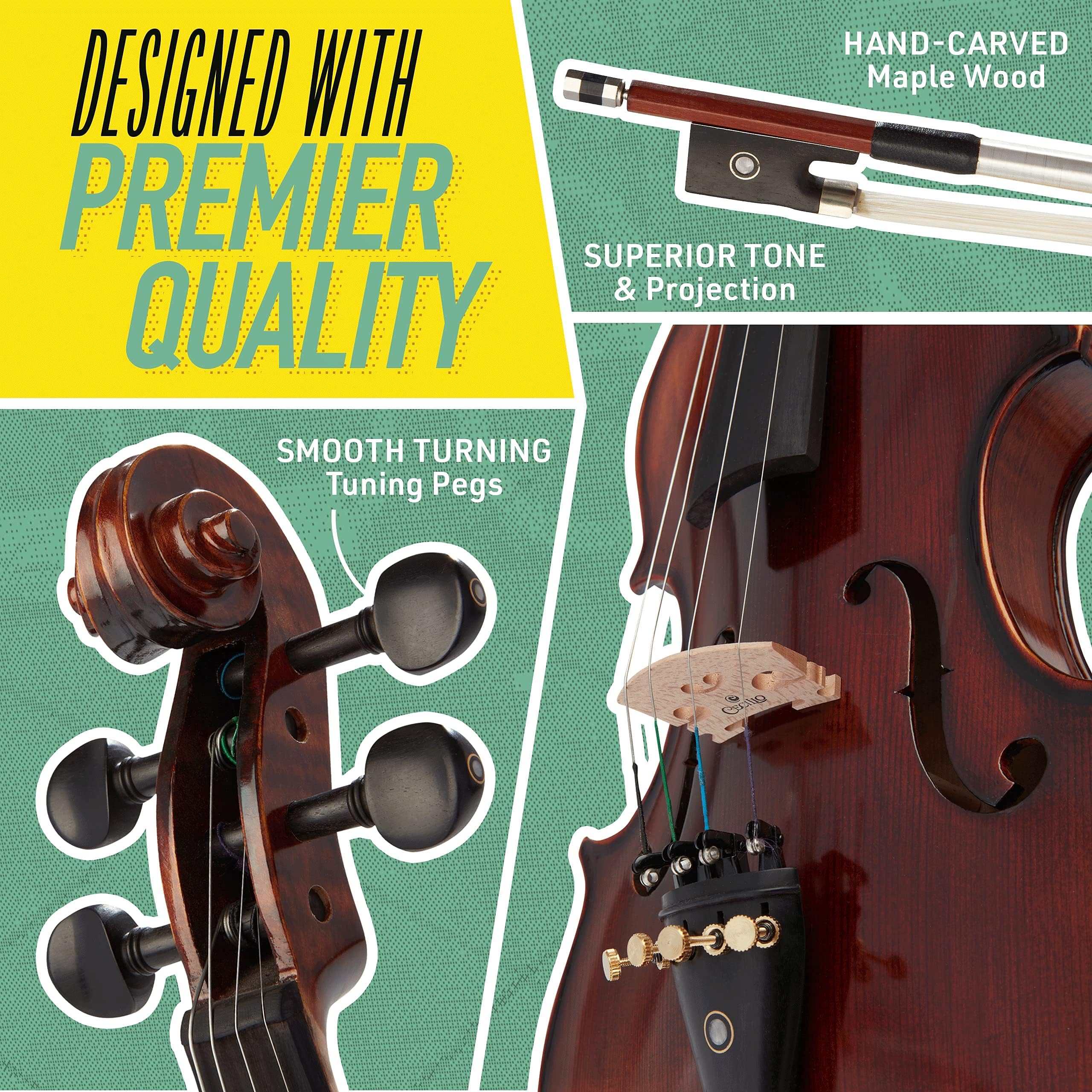 Mendini By Cecilio 4/4 Violin For Beginners, Black Solid Wood - Flamed Acoustic Violins Set with Case, Tuner, Shoulder Rest, Bow, Rosin, Bridge & Strings
