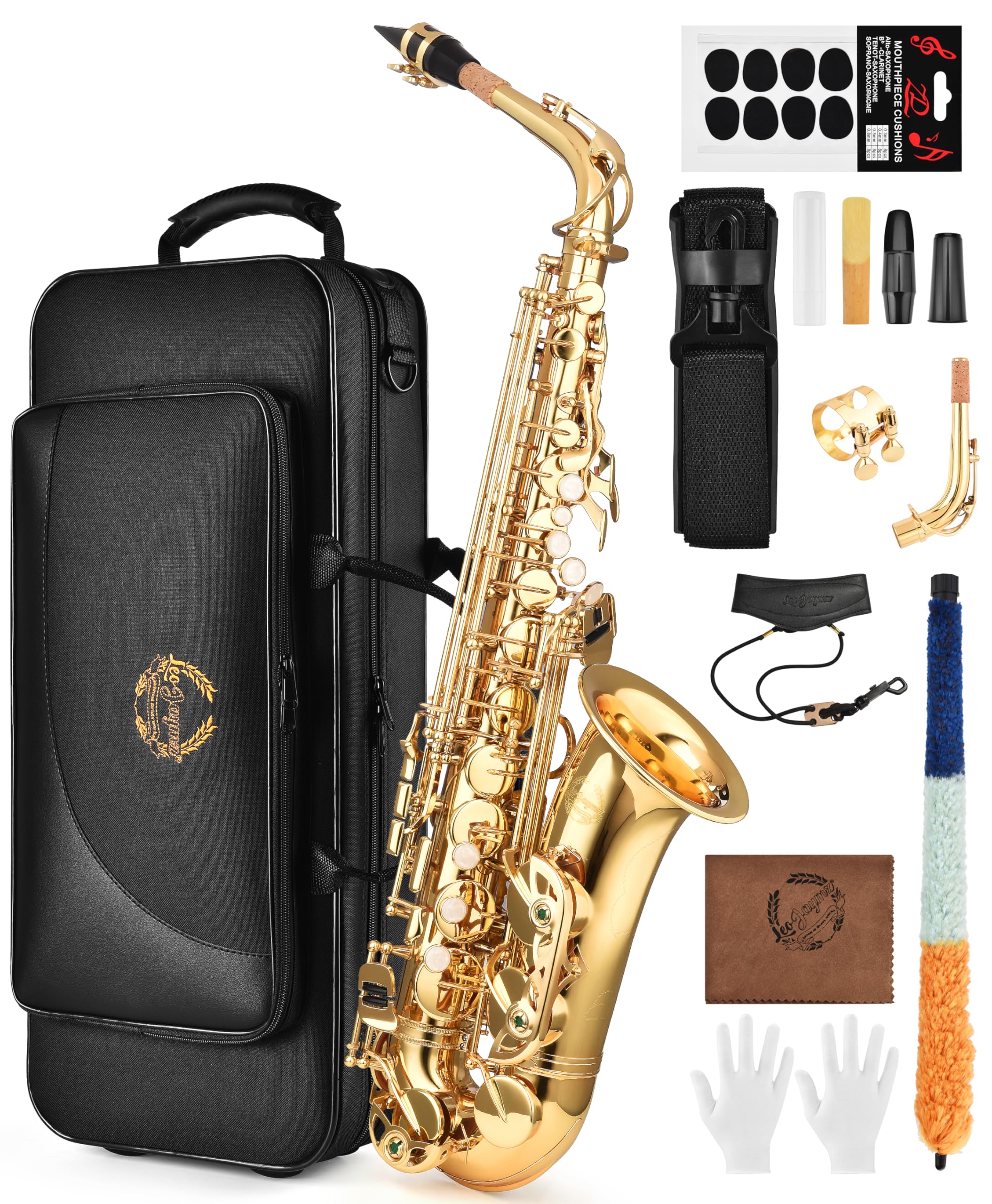Leo Jaymz Eb Alto Saxophone - One-Piece Body & Neck Construction, H68 Brass, with Thickened Travel Bag - Complete Beginner to Professional Kit (Gold)