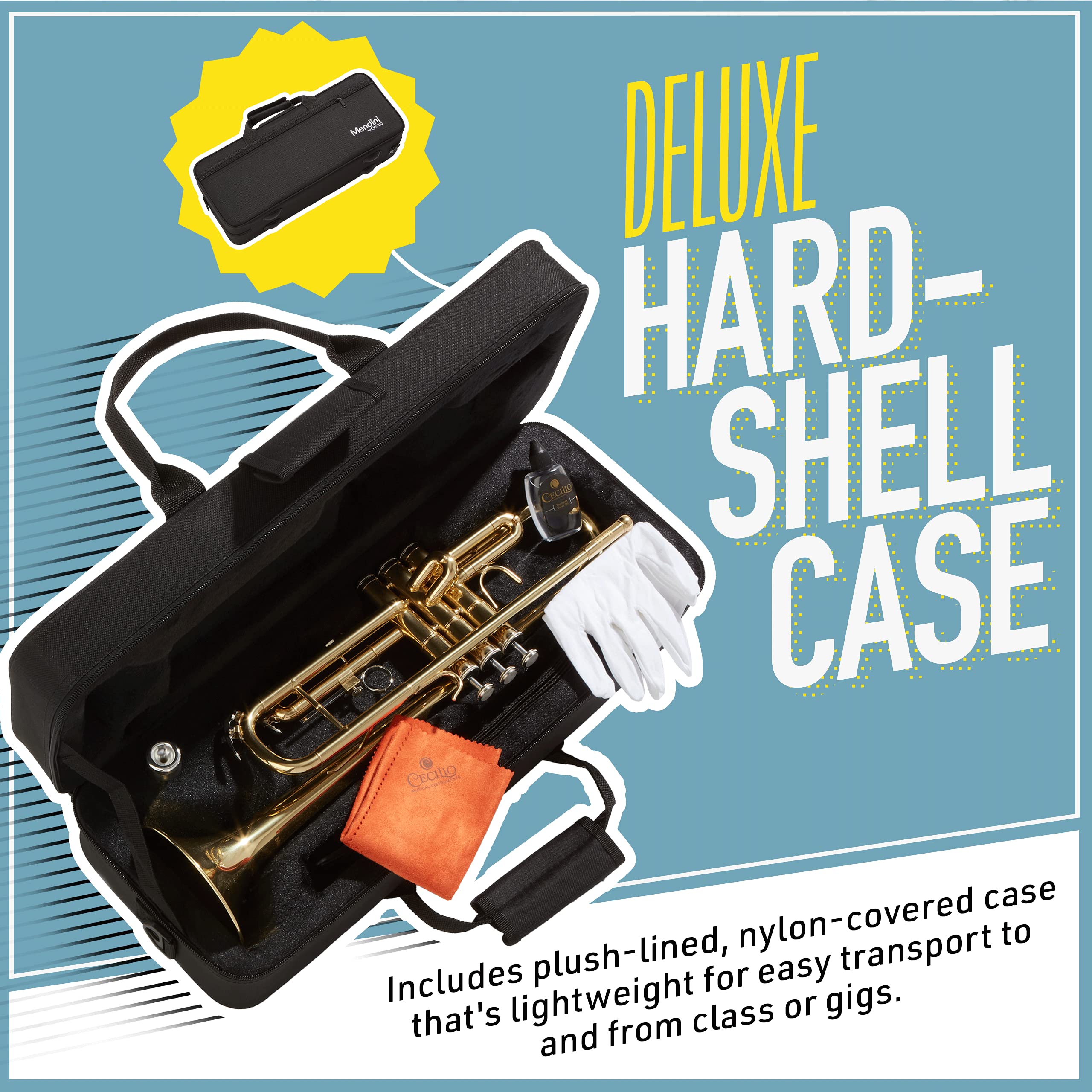 Mendini By Cecilio Bb Standard Trumpet Set for Beginners - Brass Trumpet Instrument with Hard Case, 7C Mouthpiece, Valve Oil, Cleaning Cloth, Maintenance kit and Gloves (Gold)