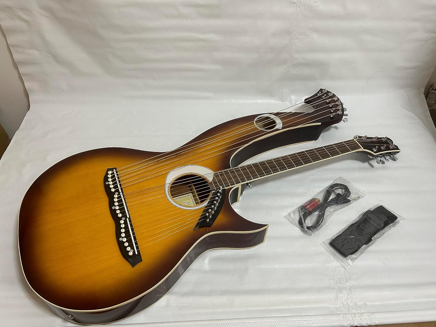 Ktone Professional Harp Guitar, Acoustic Electric Double Neck Guitar with Padded Gig Bag