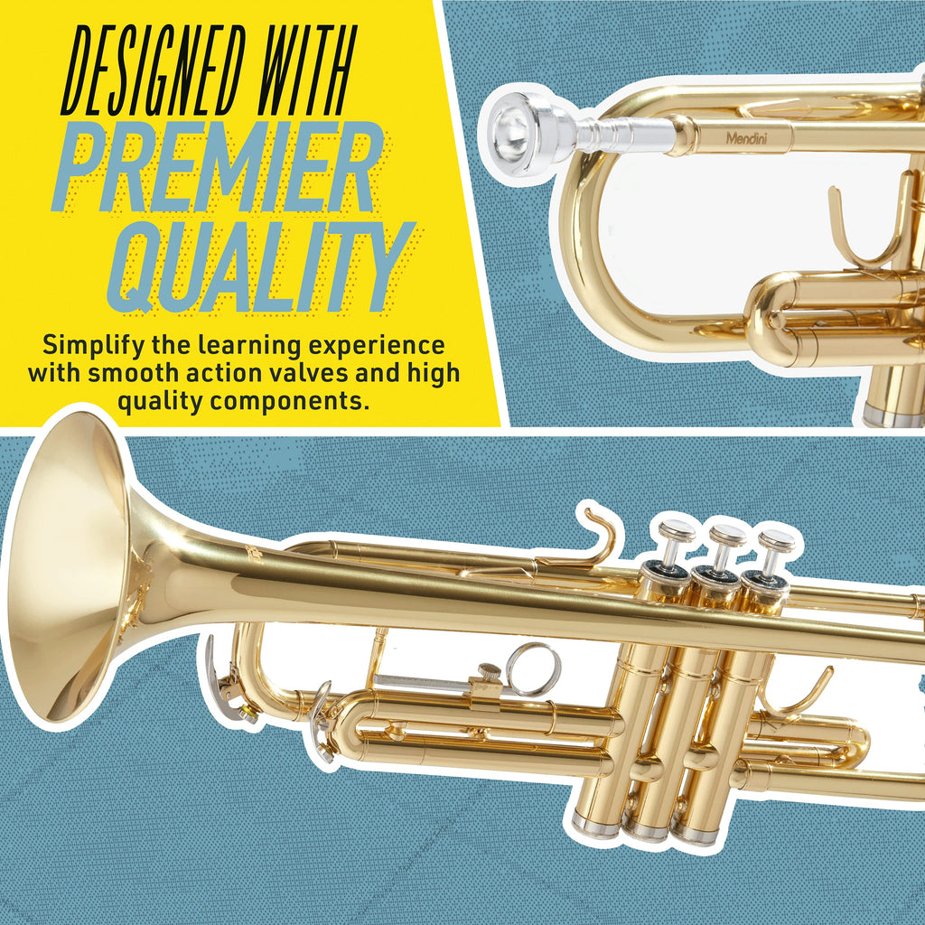 Mendini By Cecilio Bb Standard Trumpet Set for Beginners - Brass Trumpet Instrument with Hard Case, 7C Mouthpiece, Valve Oil, Cleaning Cloth, Maintenance kit and Gloves (Gold)