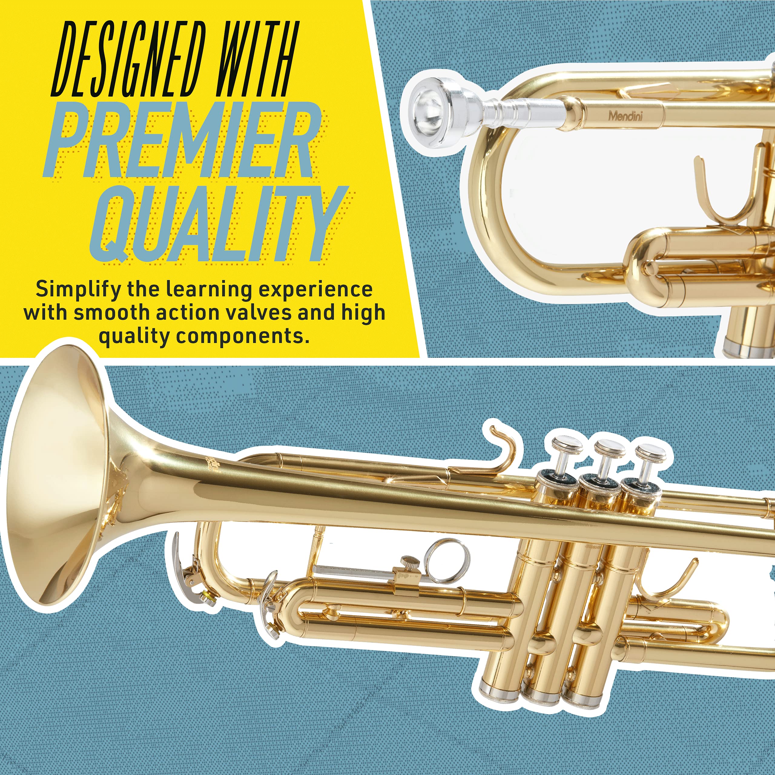 Mendini By Cecilio Bb Standard Trumpet Set for Beginners - Brass Trumpet Instrument with Hard Case, 7C Mouthpiece, Valve Oil, Cleaning Cloth, Maintenance kit and Gloves (Gold)