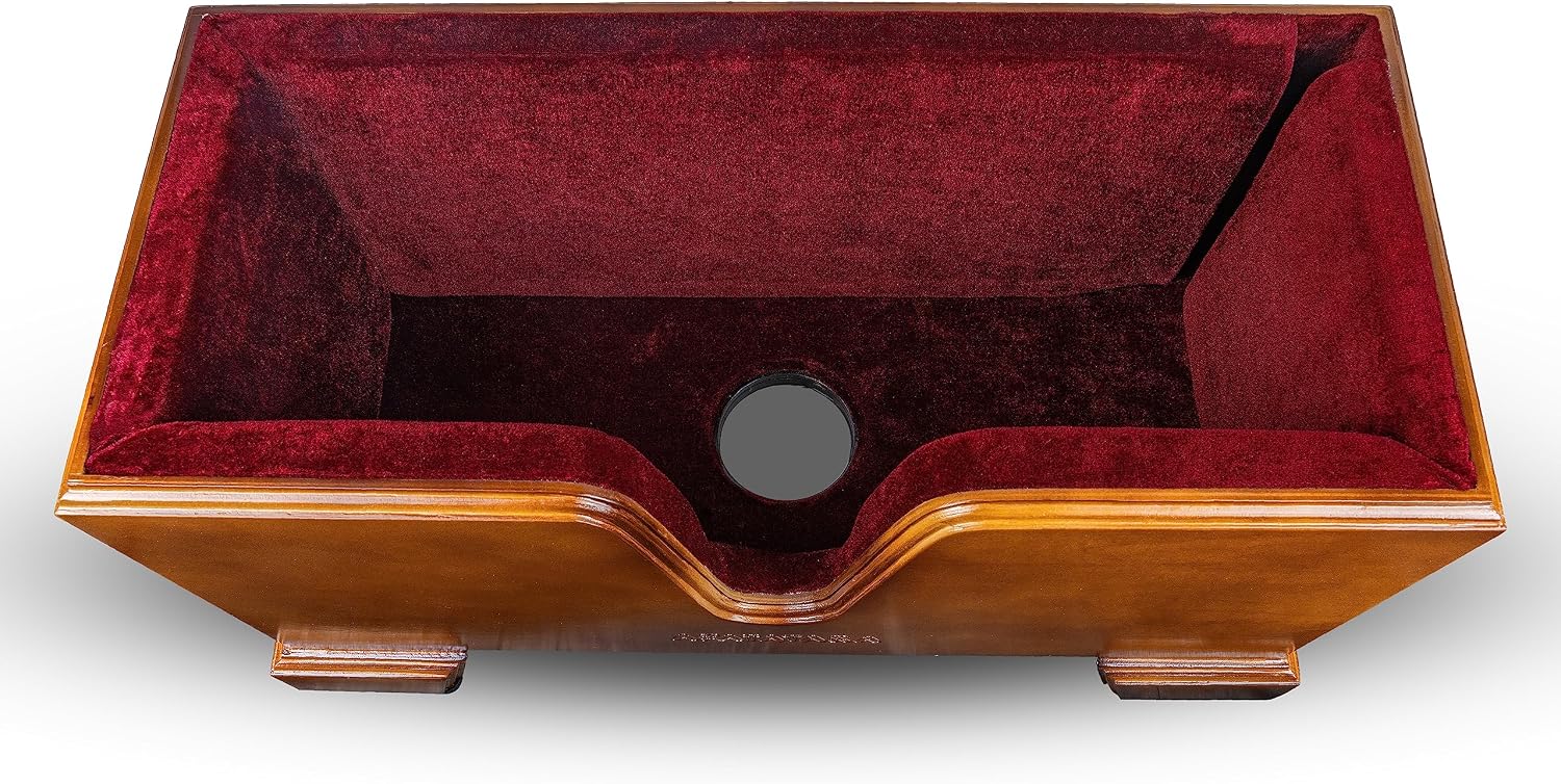 Cello Box Stand – Luxury Burgundy Plush Liner – Wooden Mahogany-tone Upright Instrument Holder – Wood Display Case - Integrated Bow Holder - with Cello Endpin Stopper - AFATATARA