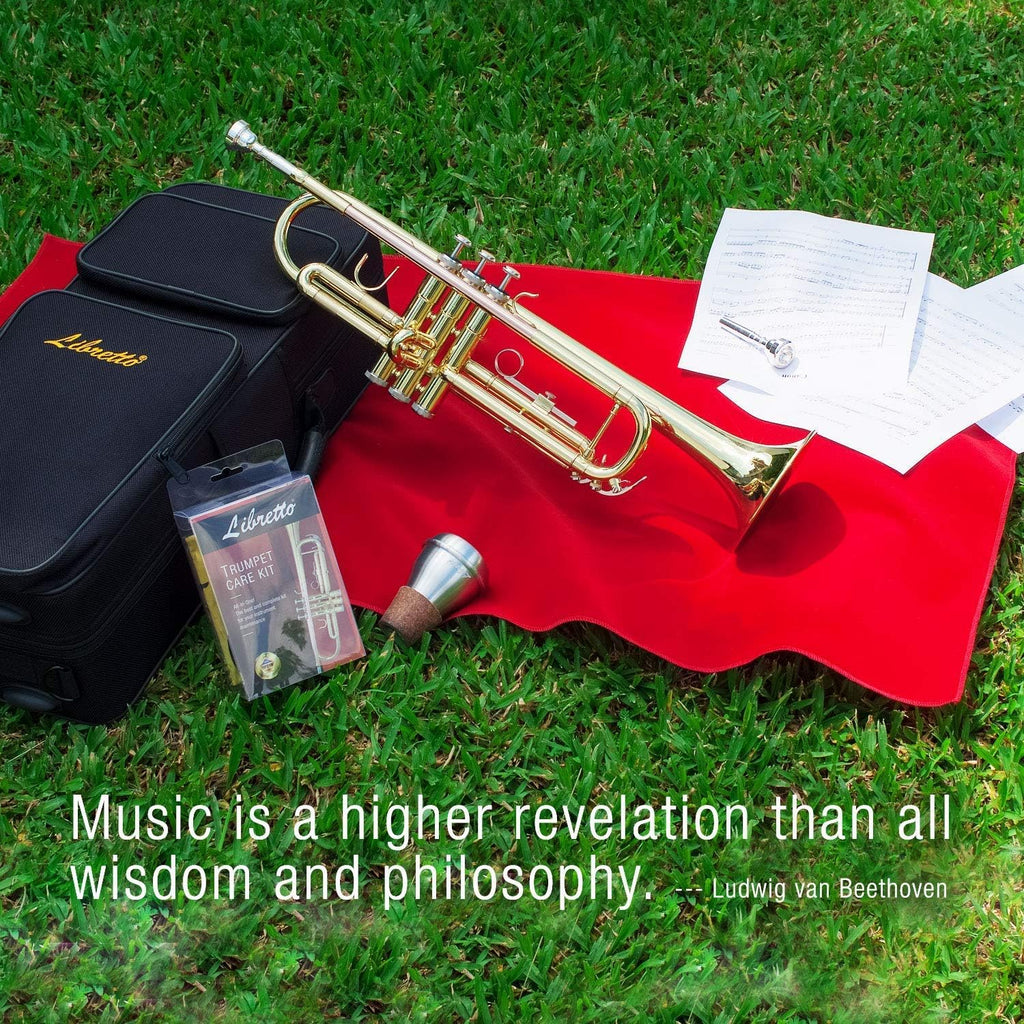 Libretto Gold Lacquer Bb Trumpet Set, Rose Brass Leadpipe | Standard for Beginner & Intermediate Students, Stainless Valve, 7C Mouthpiece, Durable Case, Portable Stand & Maintenance Kit