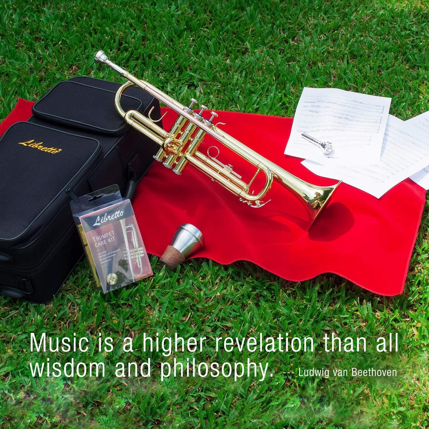 Libretto Gold Lacquer Bb Trumpet Set, Rose Brass Leadpipe | Standard for Beginner & Intermediate Students, Stainless Valve, 7C Mouthpiece, Durable Case, Portable Stand & Maintenance Kit