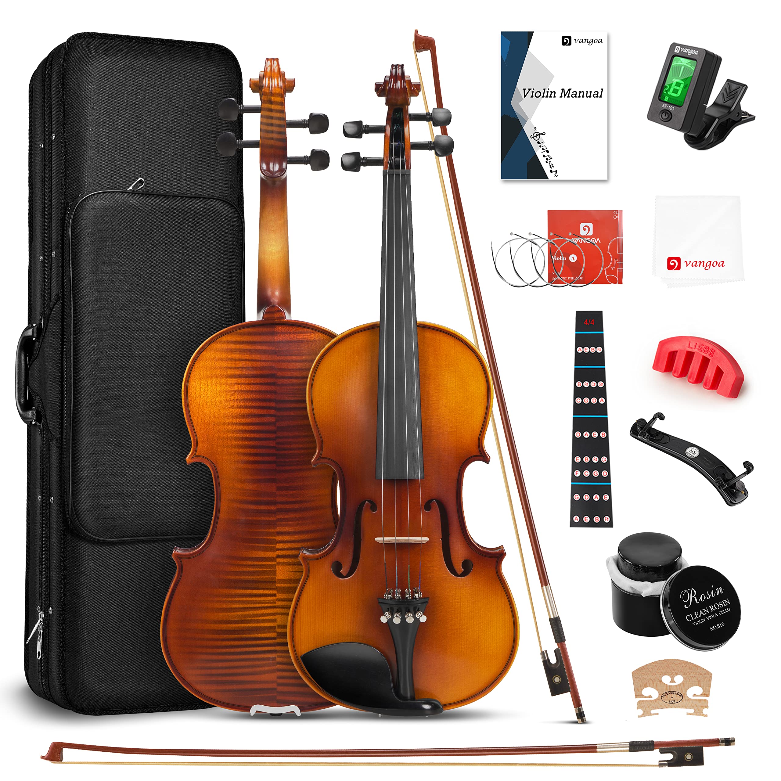 Vangoa Violin 4/4 Full Size Set, Varnish Fiddle Solid Wood for Professional Adults Senior Intermediate Beginners Student Starter Acoustic Violins Kit Outfit with Ebony Fitted, Hard Case, Right Handed