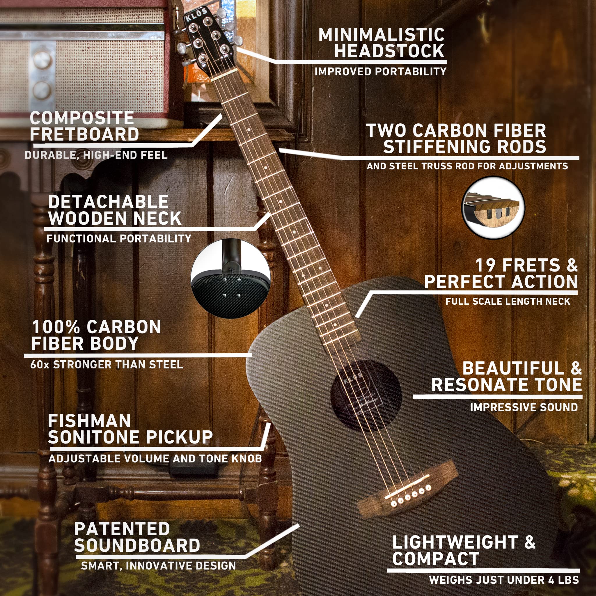 KLOS Full Size Guitar, Durable Carbon Fiber Acoustic Electric Guitar - Black with Gig Bag, Strap, Capo and more