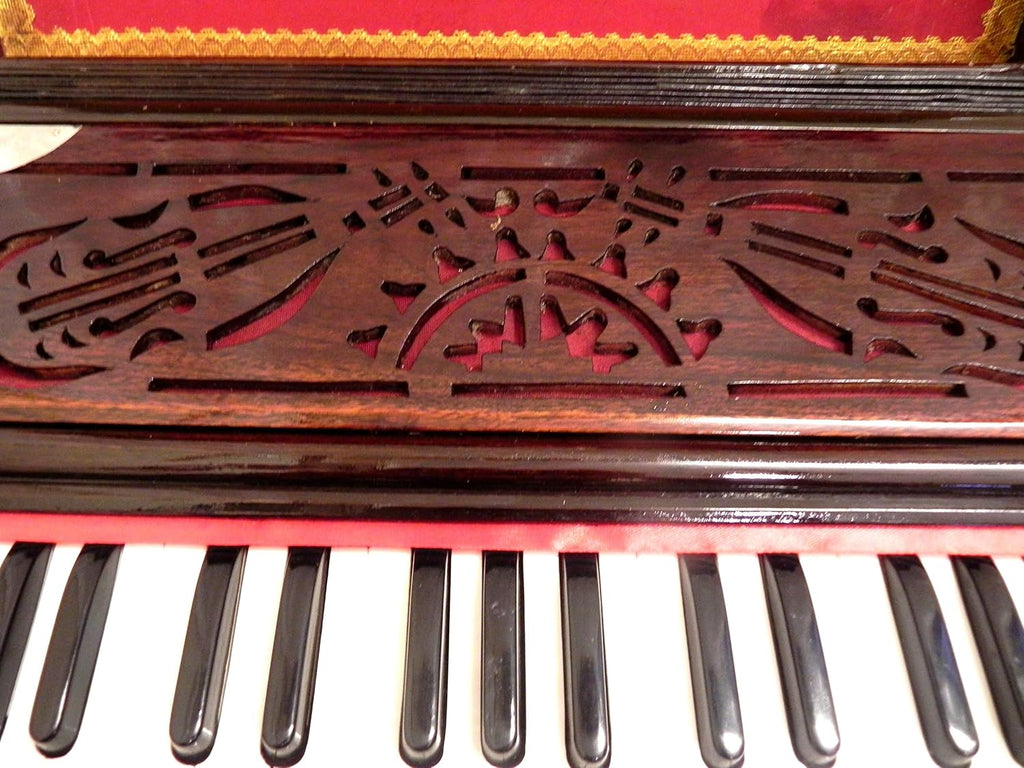 Brass Indian Handmade Deluxe Portable Harmonium, Dark Mahogany, 2 Reeds, 3.5 Octaves