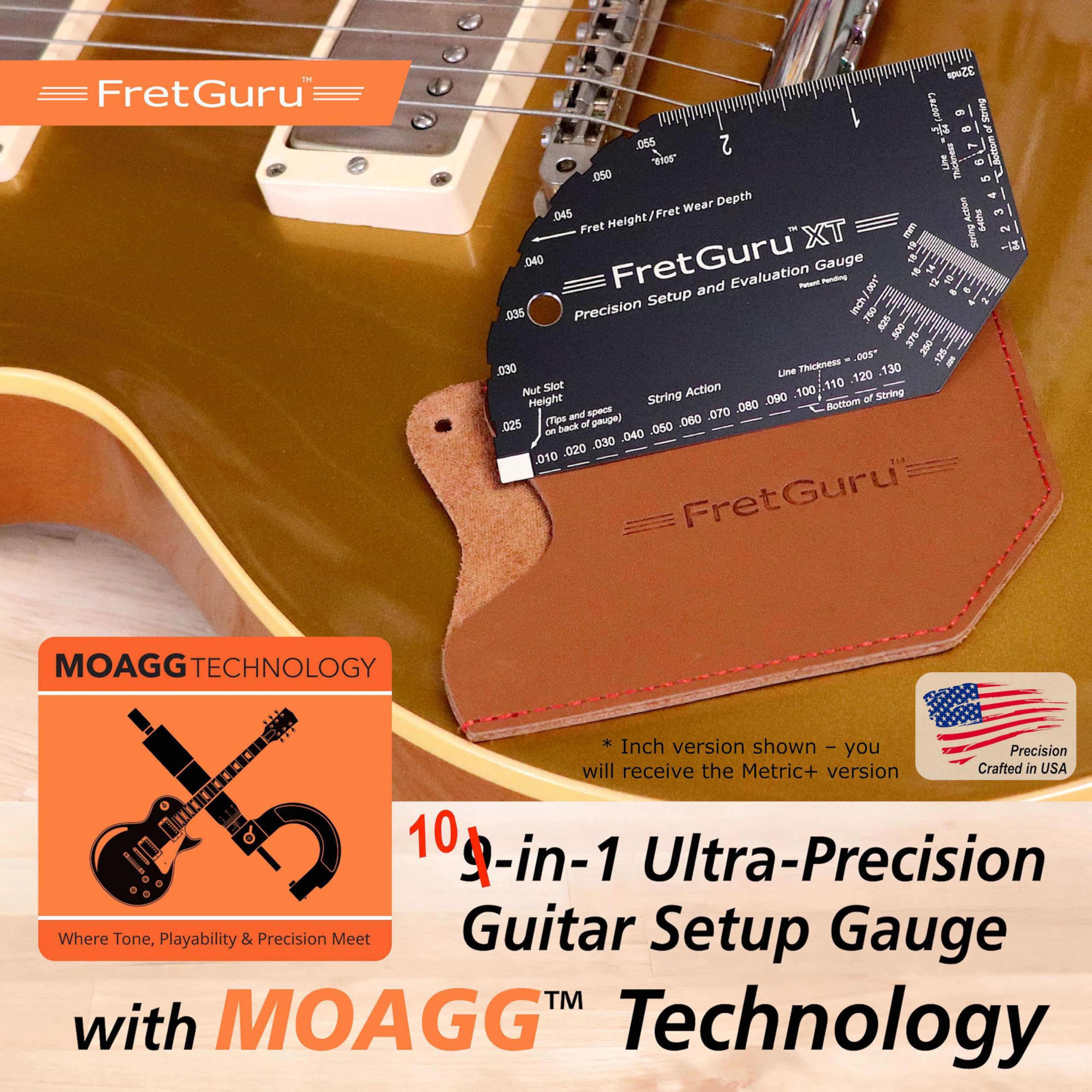 String Action Gauge Guitar Fret Ruler Precision Fret Rocker Precise CNC Machined, Diamond Honed, Polished Edge Guitar String Height Gauge Luthier Tool with Genuine Leather Case | Precision .010" increments, Laser etched markings, Luthier tool for guitar s