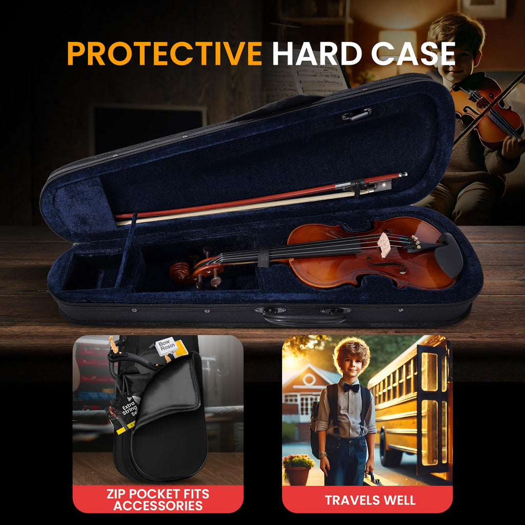 Pyle 4/4 Full Size Acoustic Violin for Beginners – Complete Violins Set with Hard Case, Bow, Extra Strings, Rosin, Full Accessories Kit - Mobile App Tuner 2 Month Free Lessons for Kids & Adults