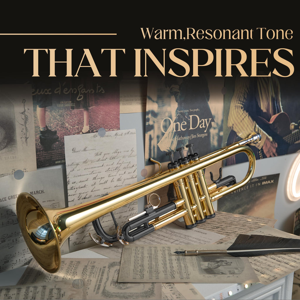 AKLOT Hand-Hammered Bell Bb Trumpet: Smooth Valve Action, Clear-Lacquered Brass Body, Standard Trumpet Beginner Set with Leather Case, Lesson Book, Trumpet Mute, Mouthpiece, Cleaning Kit (SNR-BrzSF)