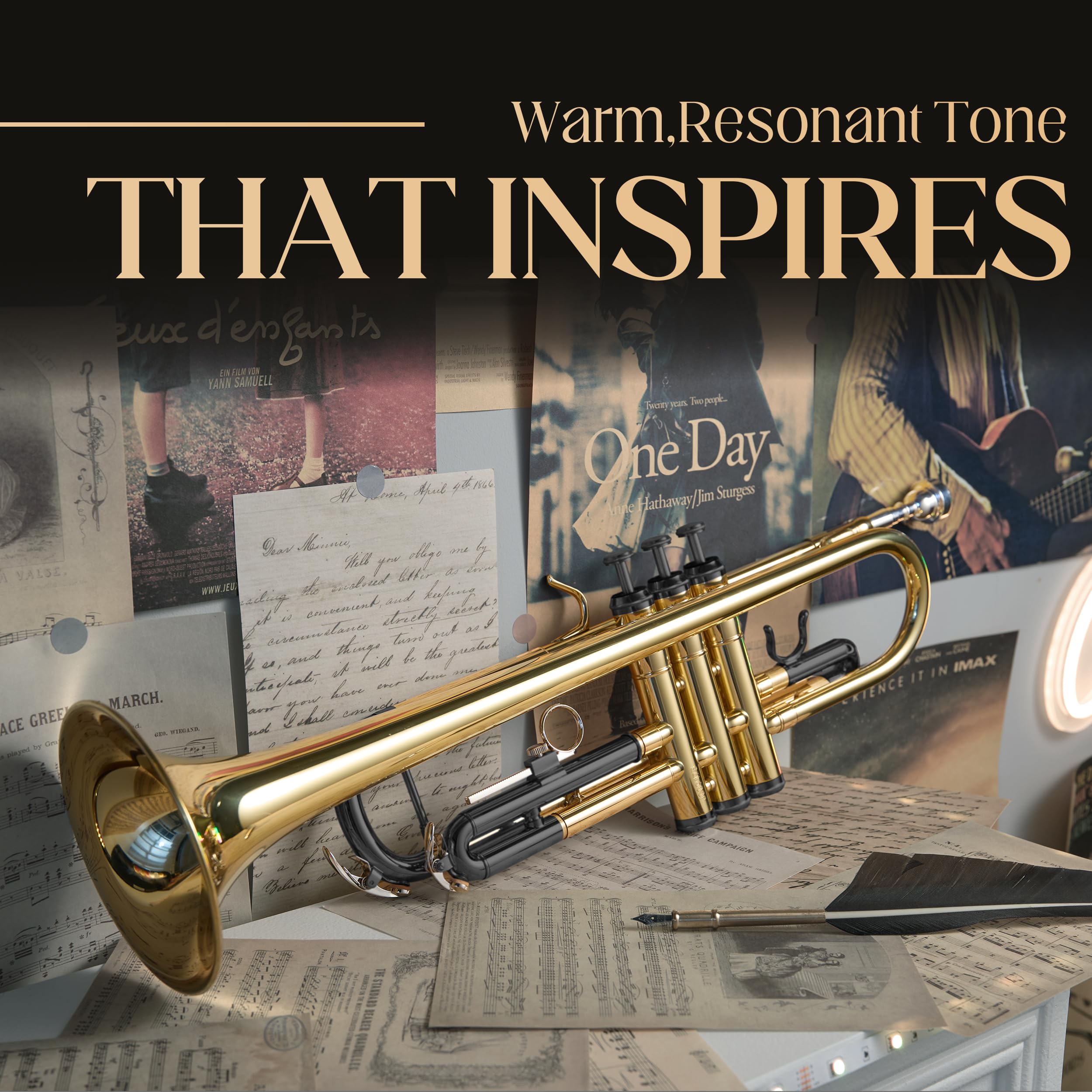 AKLOT Hand-Hammered Bell Bb Trumpet: Smooth Valve Action, Clear-Lacquered Brass Body, Standard Trumpet Beginner Set with Leather Case, Lesson Book, Trumpet Mute, Mouthpiece, Cleaning Kit (SNR-BrzSF)