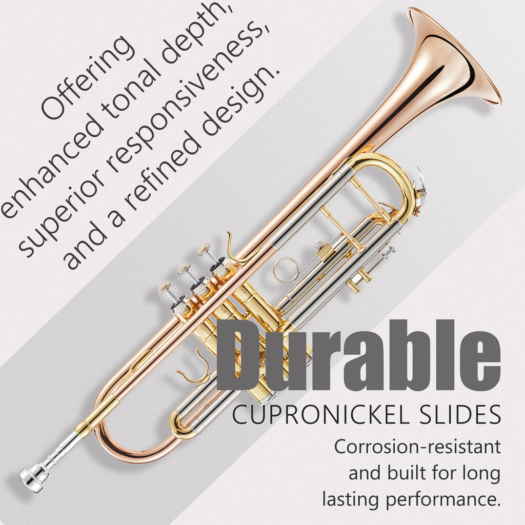 AKLOT Hand-Hammered Bell Bb Trumpet: Smooth Valve Action, Clear-Lacquered Brass Body, Standard Trumpet Beginner Set with Leather Case, Lesson Book, Trumpet Mute, Mouthpiece, Cleaning Kit (SNR-BrzED)