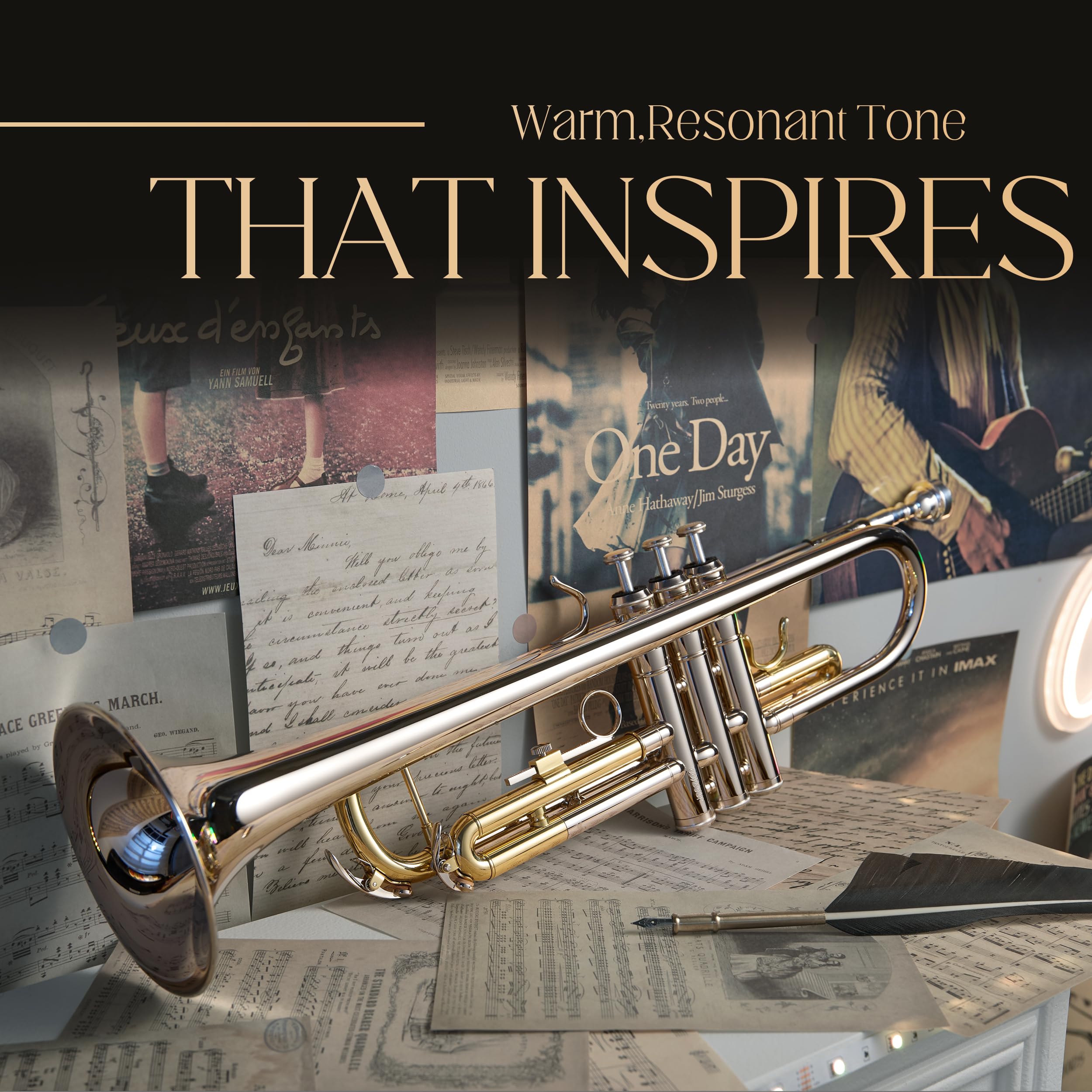 AKLOT Hand-Hammered Bell Bb Trumpet: Smooth Valve Action, Clear-Lacquered Brass Body, Standard Trumpet Beginner Set with Leather Case, Lesson Book, Trumpet Mute, Mouthpiece, Cleaning Kit (SNR-BrzSF)