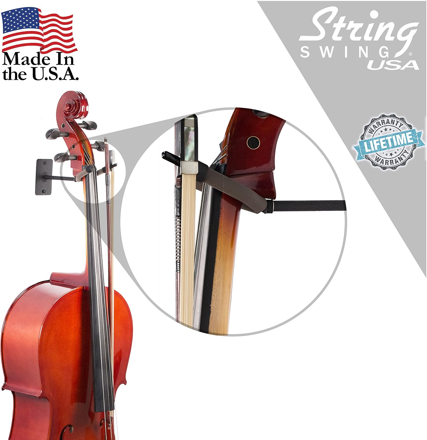 String Swing Cello Hanger - Holder for Acoustic and Electric Cellos - Stand Accessories Home or Studio Wall - Musical Instruments Safe without Hard Cases - Durable Black Powder Coated Steel