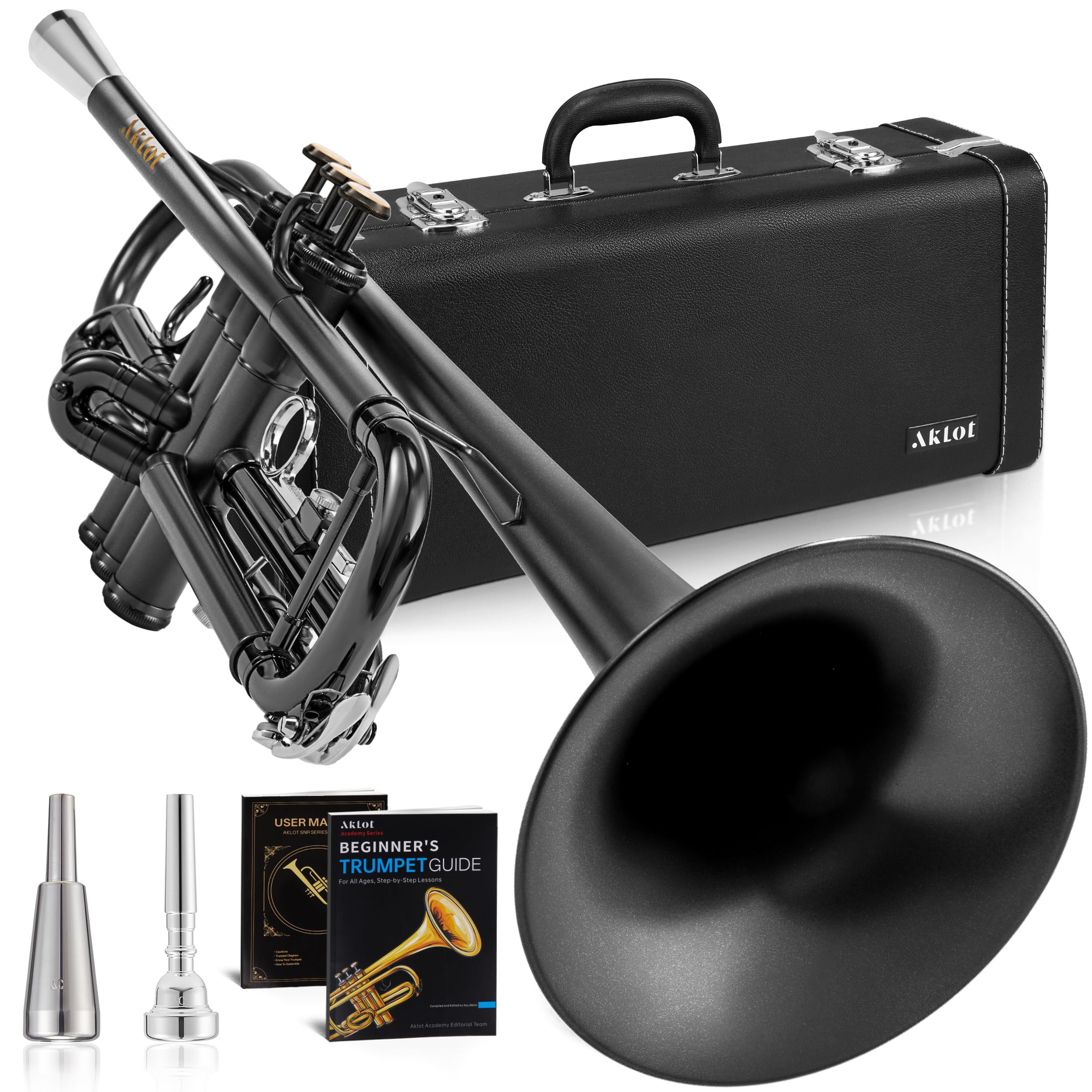 AKLOT Hand-Hammered Bell Bb Trumpet: Smooth Valve Action, Clear-Lacquered Brass Body, Standard Trumpet Beginner Set with Leather Case, Lesson Book, Trumpet Mute, Mouthpiece, Cleaning Kit (SNR-BrzSF)