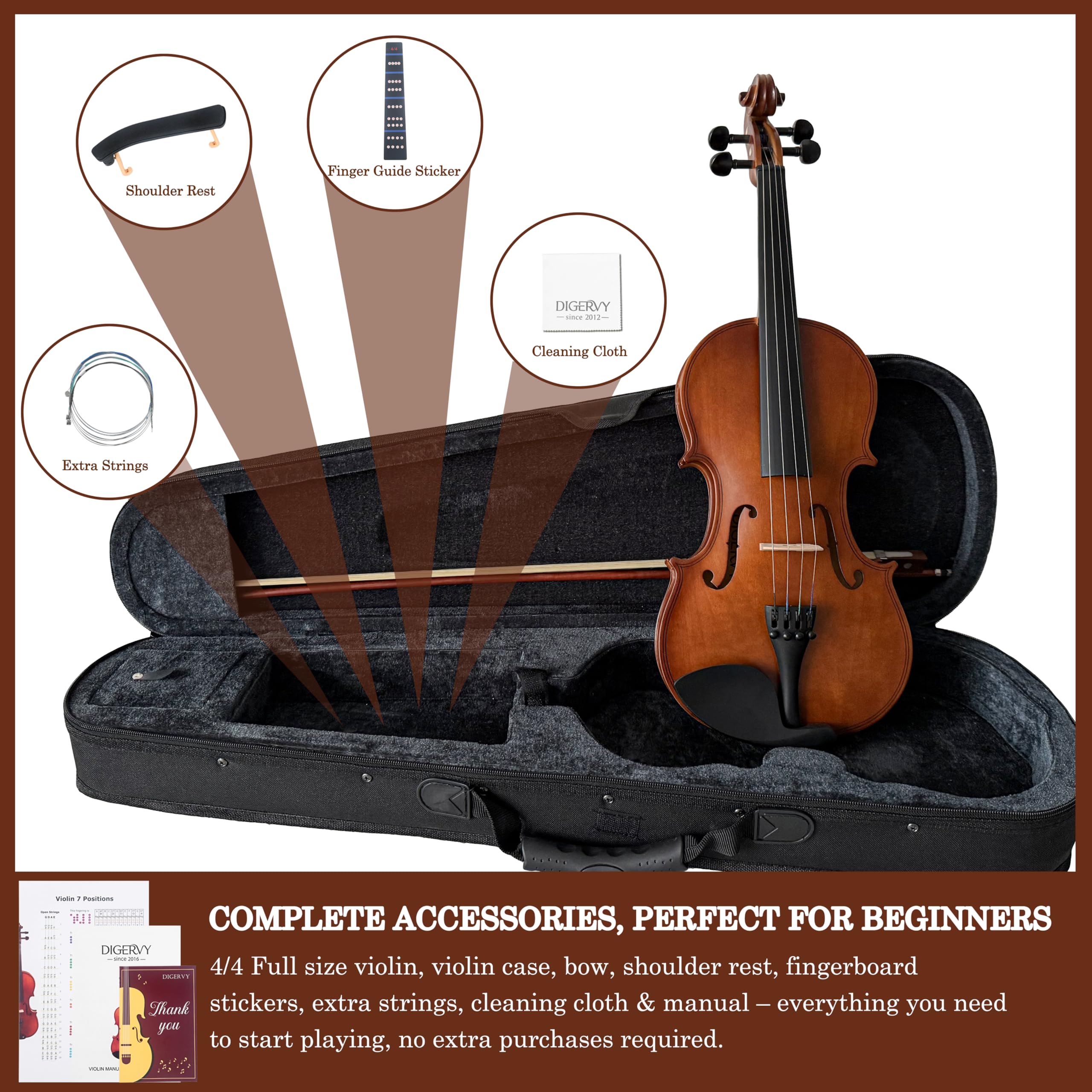 Violin 4/4 Full Size Kit, Violin Fiddle Set for Beginner Adults Students with Rosewood Bow, Violin Case, Shoulder Rest, Extra Strings and Bridge(Plywood, Full)