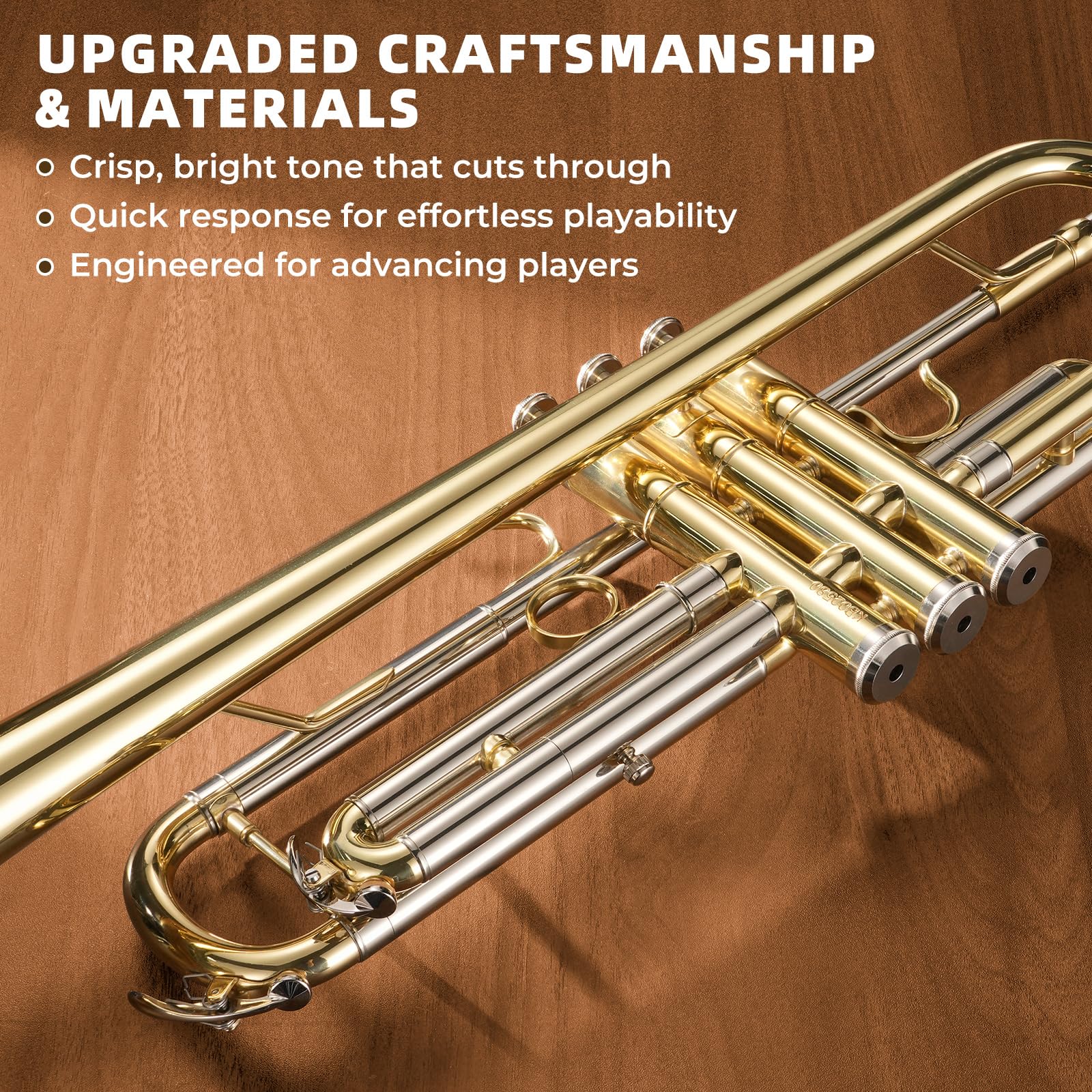 JAMELO Bb Standard Trumpet Set, Brass Trumpet Instrument for Student/Beginner with Carrying Case, 7C Mouthpiece, Cleaning Cloth and Gloves (TP-100, Gold)
