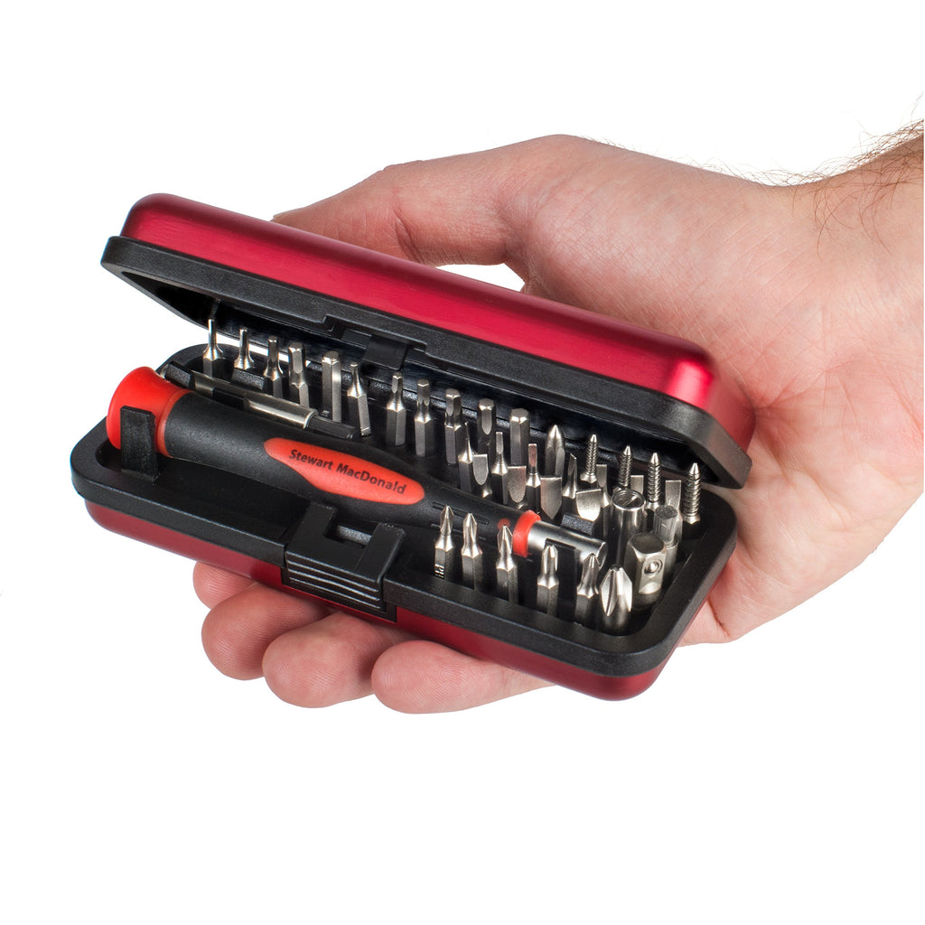 StewMac Guitar Tech Screwdriver Set – 36-Piece Bit Set for Guitar Hardware – Compact No-Spill Case – Magnetic Easy Grip Handle with Extender – Professional Luthier & Repair Tool Kit