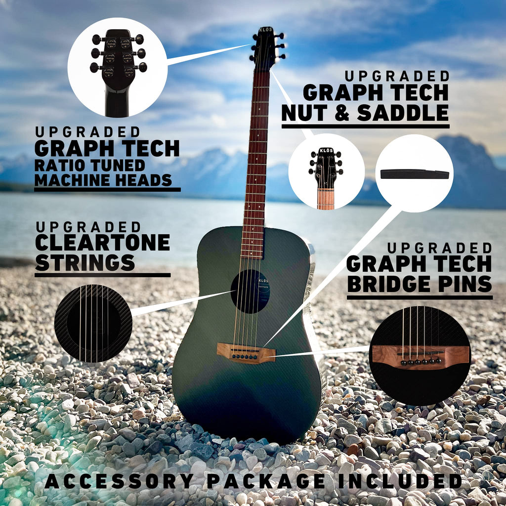 KLOS Full Size Guitar, Durable Carbon Fiber Acoustic Electric Guitar - Black with Gig Bag, Strap, Capo and more