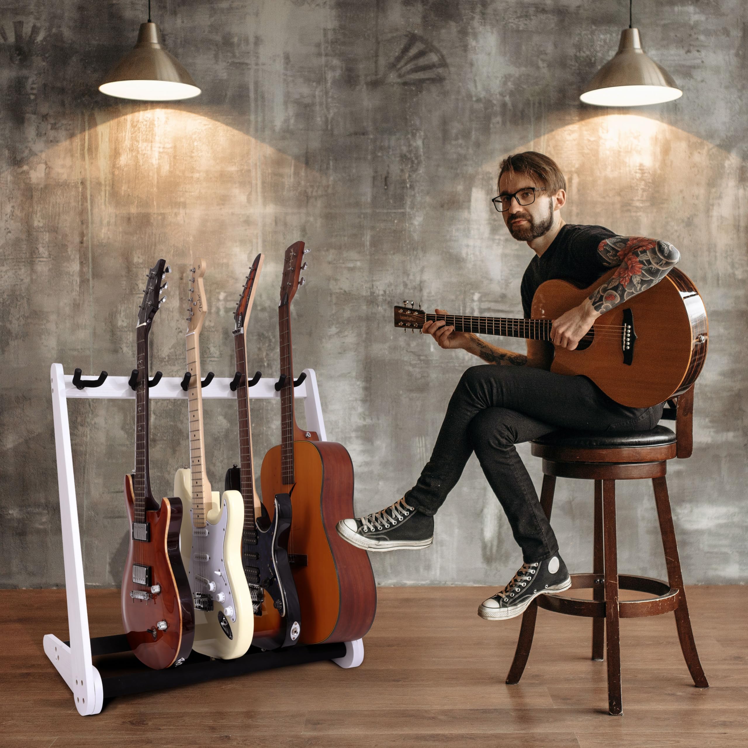 Nefelibata Multi-Purpose Guitar Stands 5 Wooden Guitar Rack Floor Stand for Guitars and Cases, Electric Guitars, Acoustic Guitars, Bass Guitars, Cellos - German Ash (Yellowish Brown)