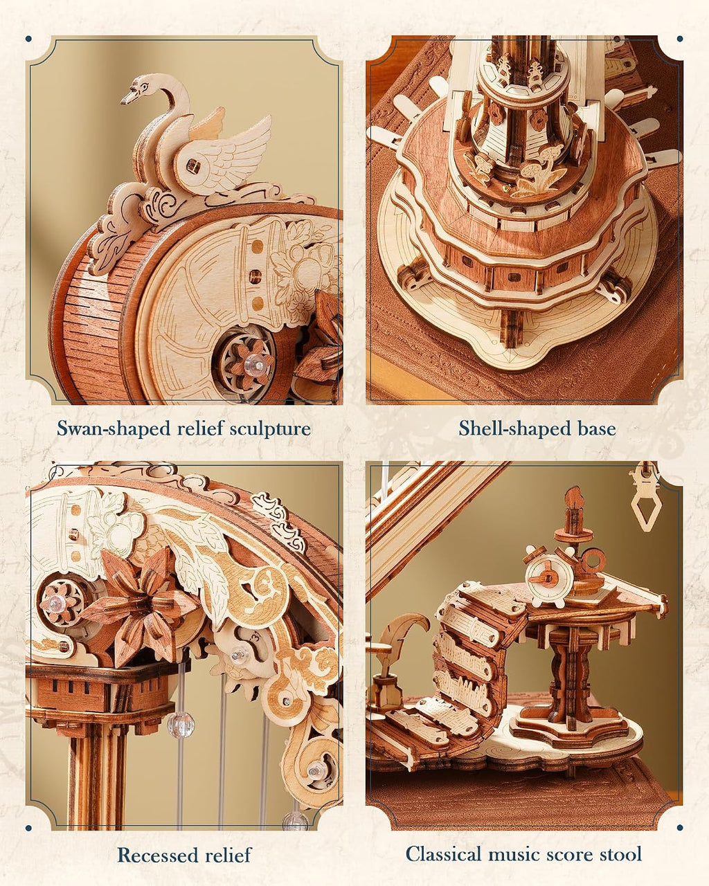 ROKR 3D Wooden Puzzle Harp Music Box, Building Model Kit with Mechanical Movement, Gift for Adults Women, Elegant Home Decor for Desk & Shelf