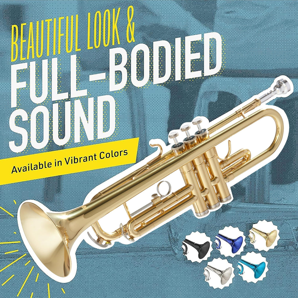 Mendini By Cecilio Bb Standard Trumpet Set for Beginners - Brass Trumpet Instrument with Hard Case, 7C Mouthpiece, Valve Oil, Cleaning Cloth, Maintenance kit and Gloves (Gold)