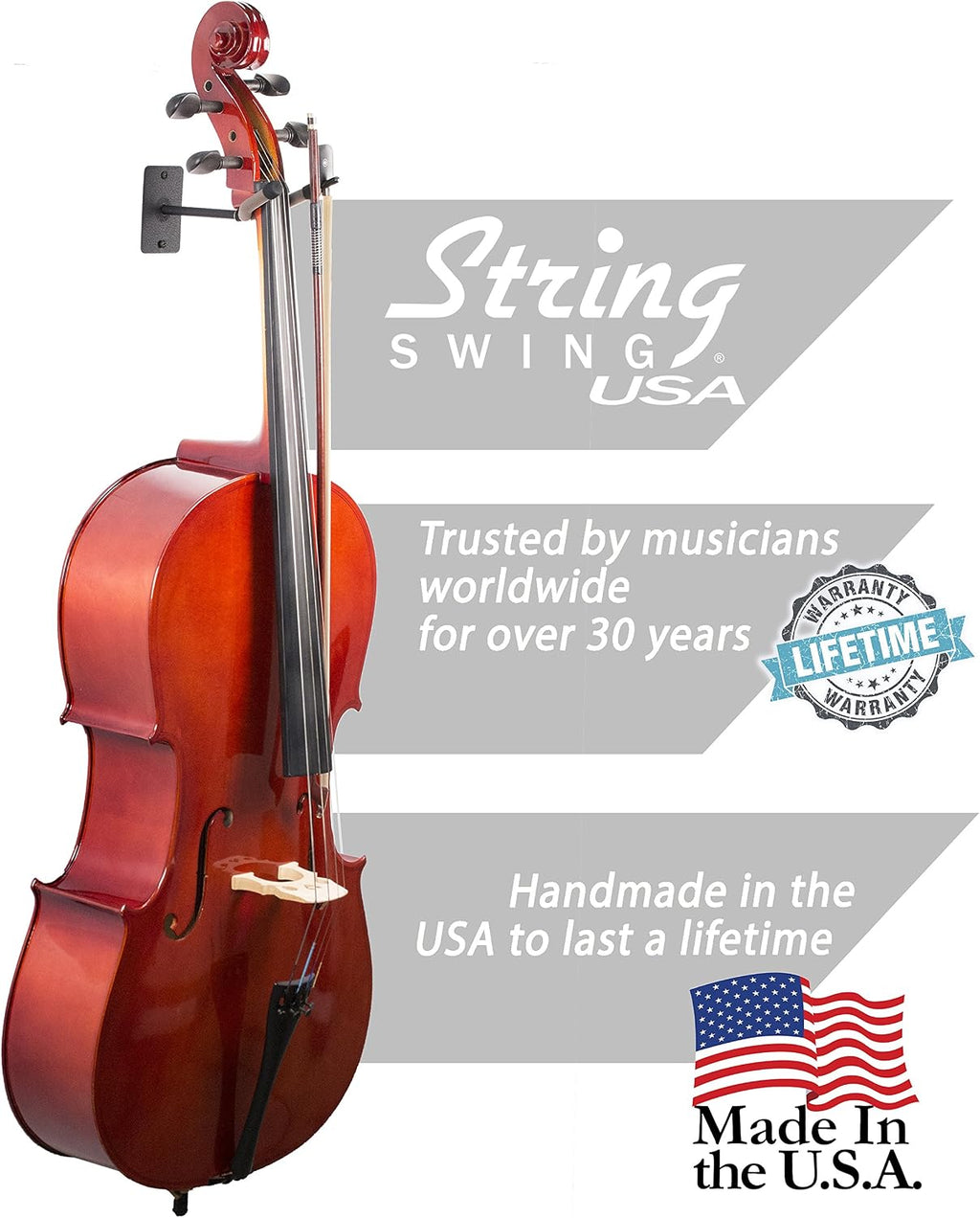 String Swing Cello Hanger - Holder for Acoustic and Electric Cellos - Stand Accessories Home or Studio Wall - Musical Instruments Safe without Hard Cases - Durable Black Powder Coated Steel
