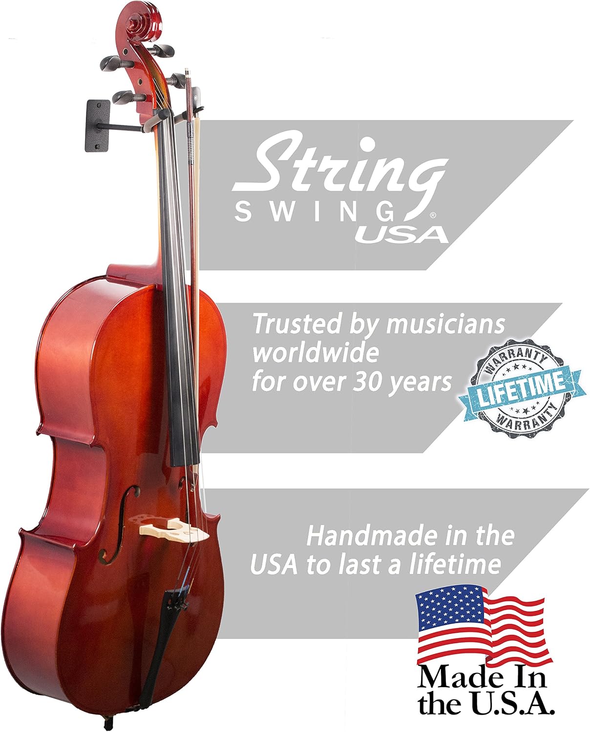 String Swing Cello Hanger - Holder for Acoustic and Electric Cellos - Stand Accessories Home or Studio Wall - Musical Instruments Safe without Hard Cases - Durable Black Powder Coated Steel