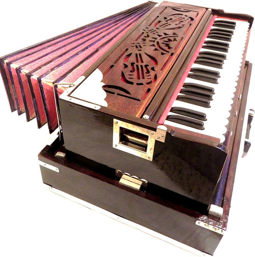 Brass Indian Handmade Deluxe Portable Harmonium, Dark Mahogany, 2 Reeds, 3.5 Octaves