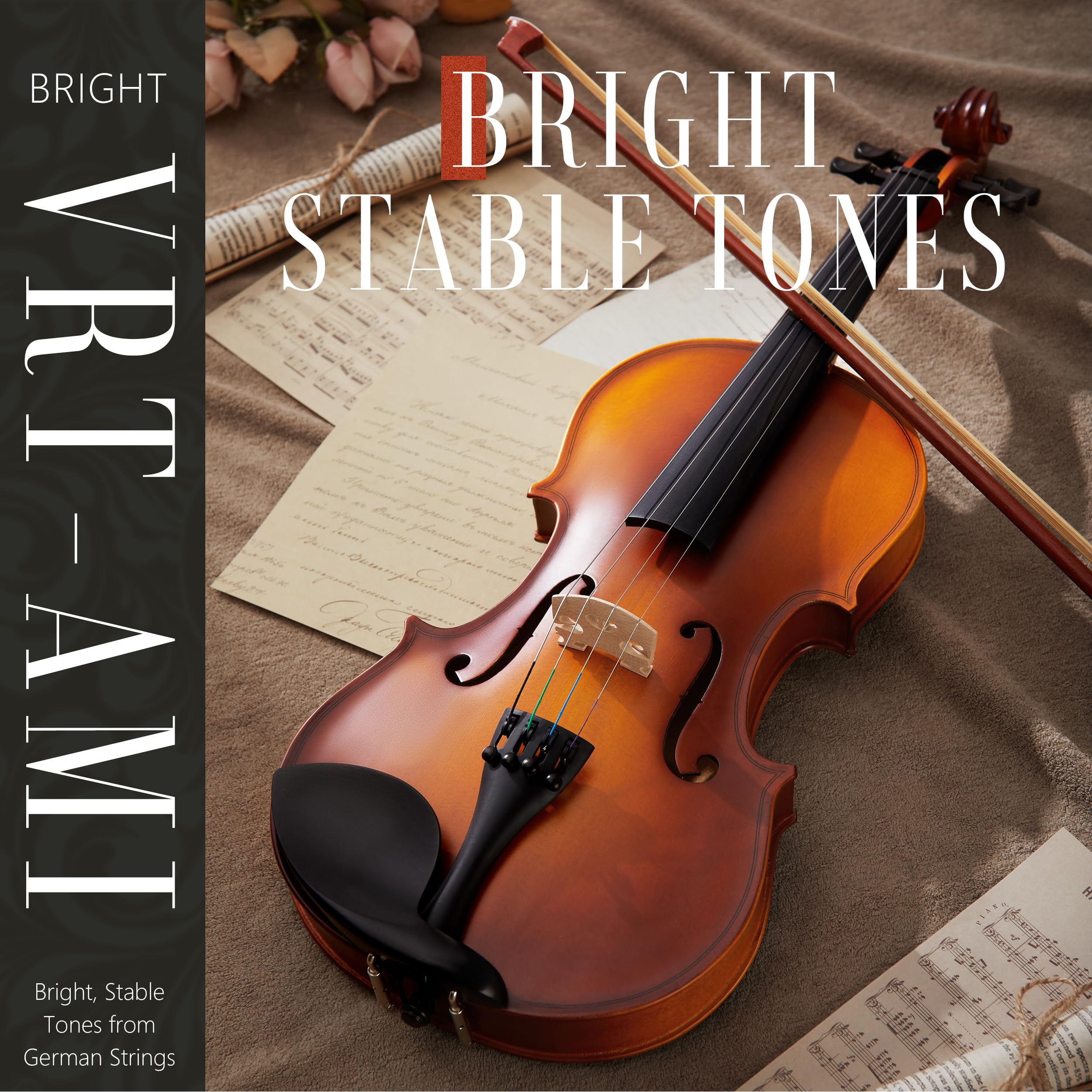 AKLOT Handcrafted Full Size Violin: Solid Wood Matte Fiddle, Acoustic Beginner 4/4 Violin Kit with Hard Case, Lesson Book, Bow, Shoulder Rest, Extra Strings, Tuner, Fretboard Stickers (VRT-AmiCS)