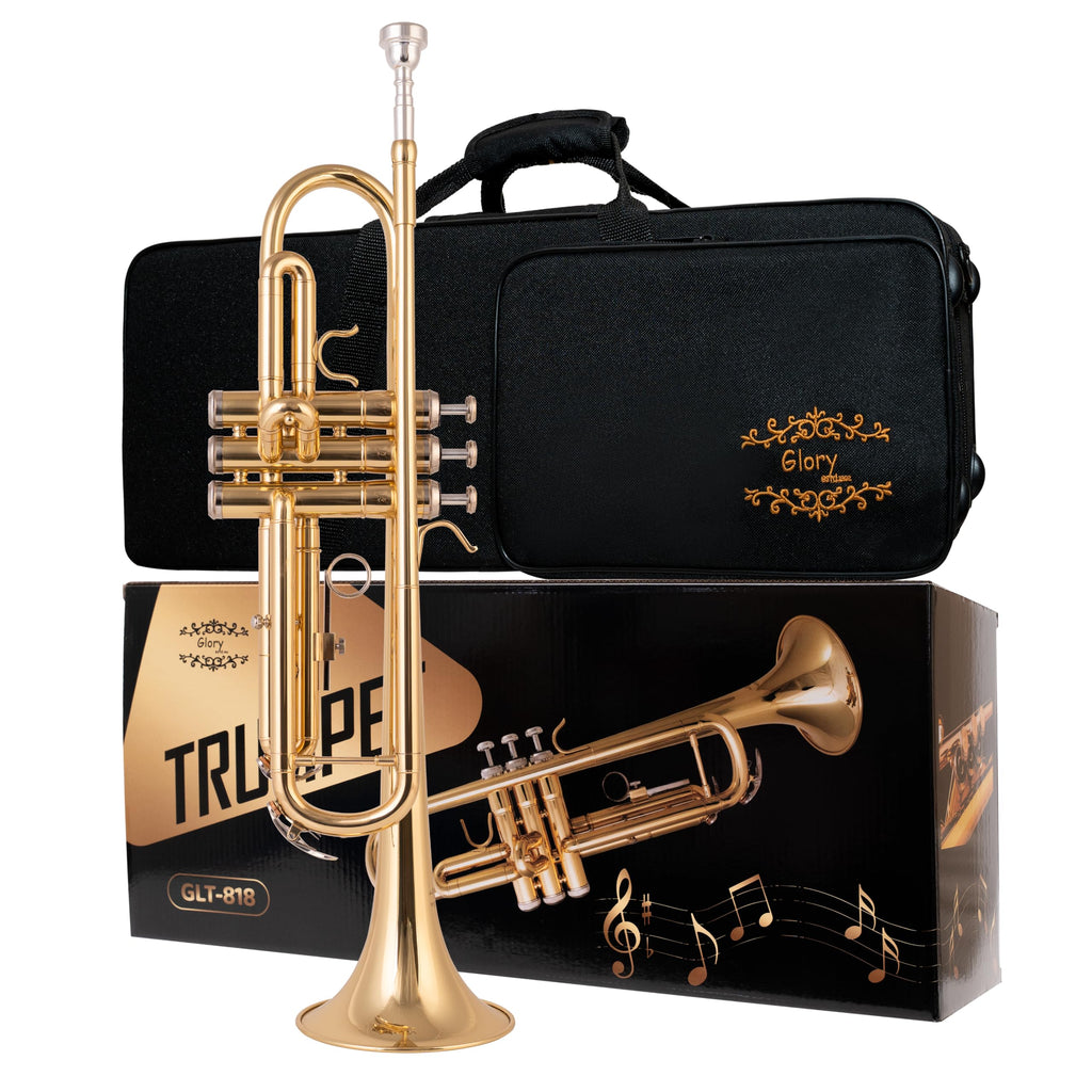 Glory Bb Trumpet - Trumpets for Beginner or Advanced Student with Case, pair of gloves-Gold