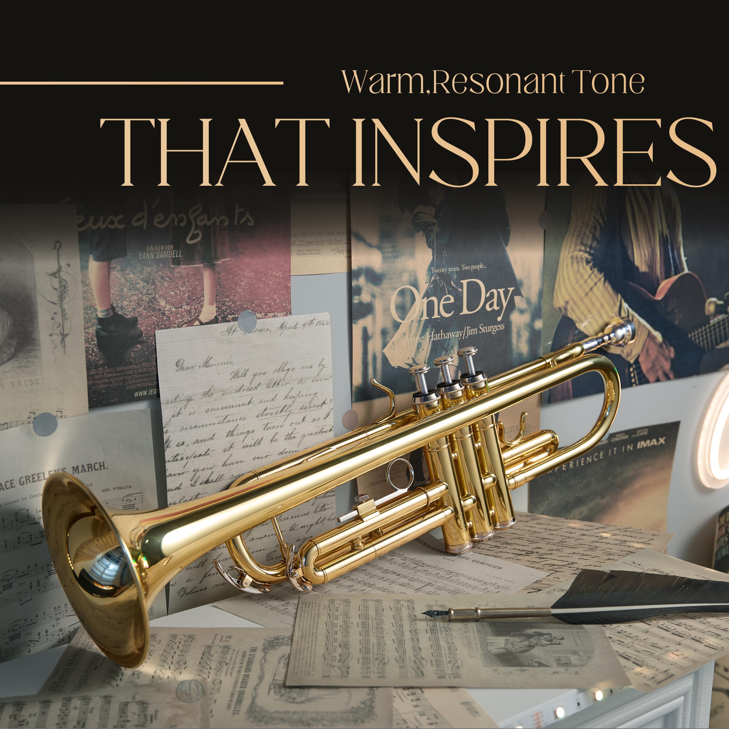 AKLOT Hand-Hammered Bell Bb Trumpet: Smooth Valve Action, Clear-Lacquered Brass Body, Standard Trumpet Beginner Set with Leather Case, Lesson Book, Trumpet Mute, Mouthpiece, Cleaning Kit (SNR-BrzSF)