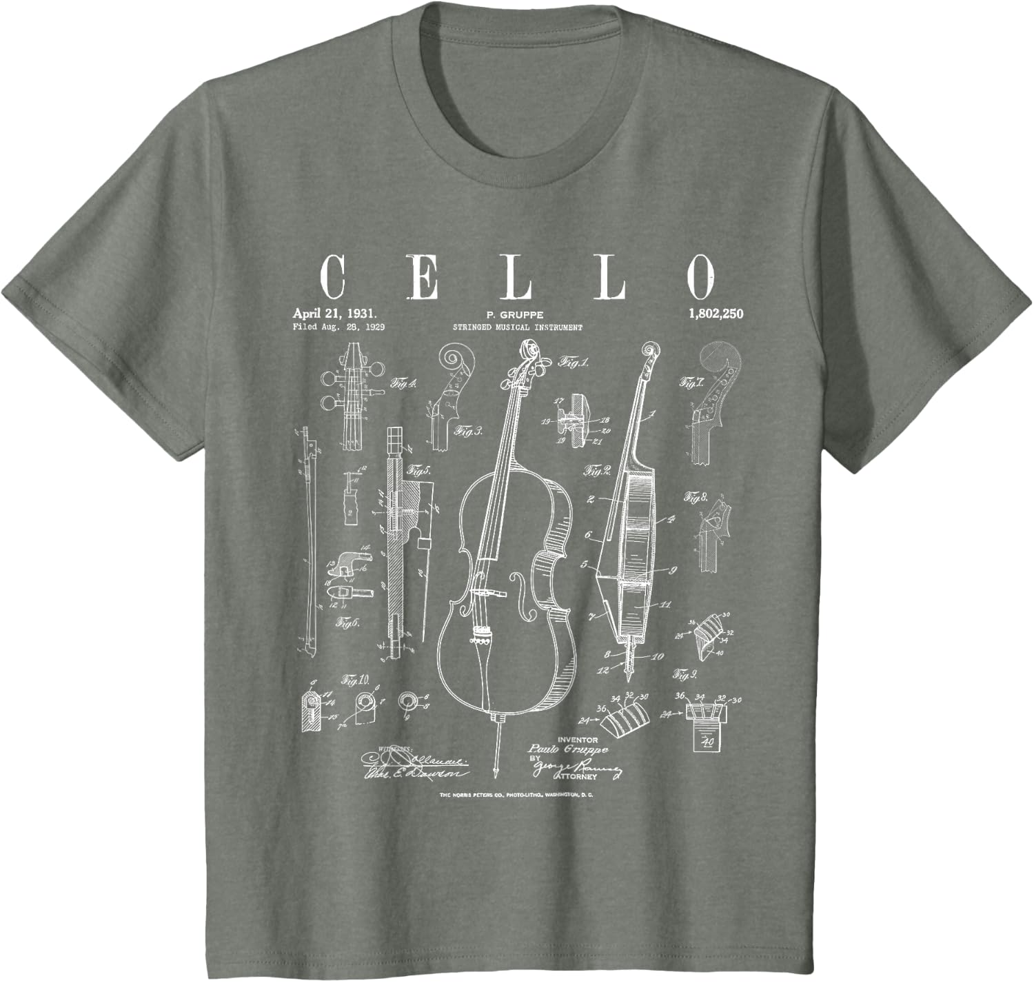 Cello Vintage Patent Cellist Drawing Print T-Shirt