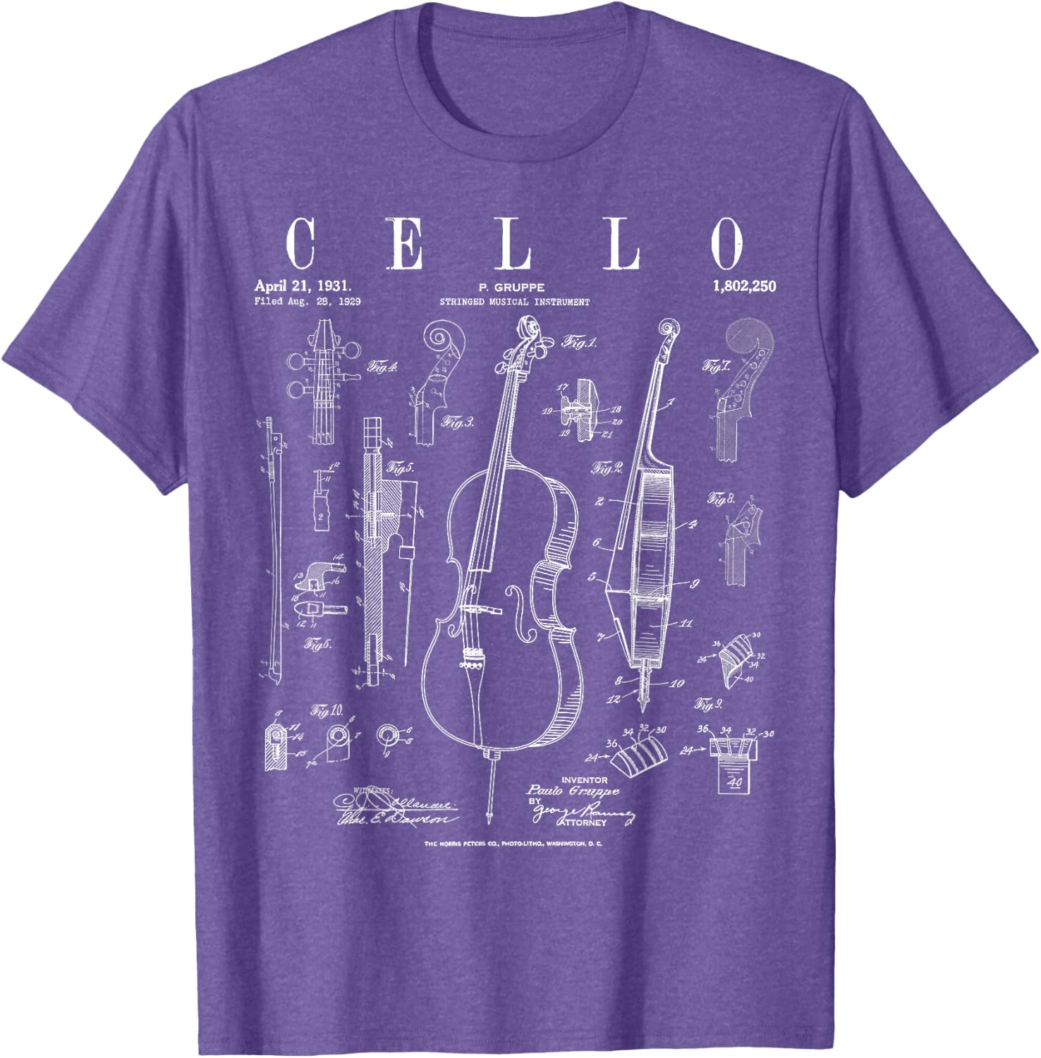 Cello Vintage Patent Cellist Drawing Print T-Shirt
