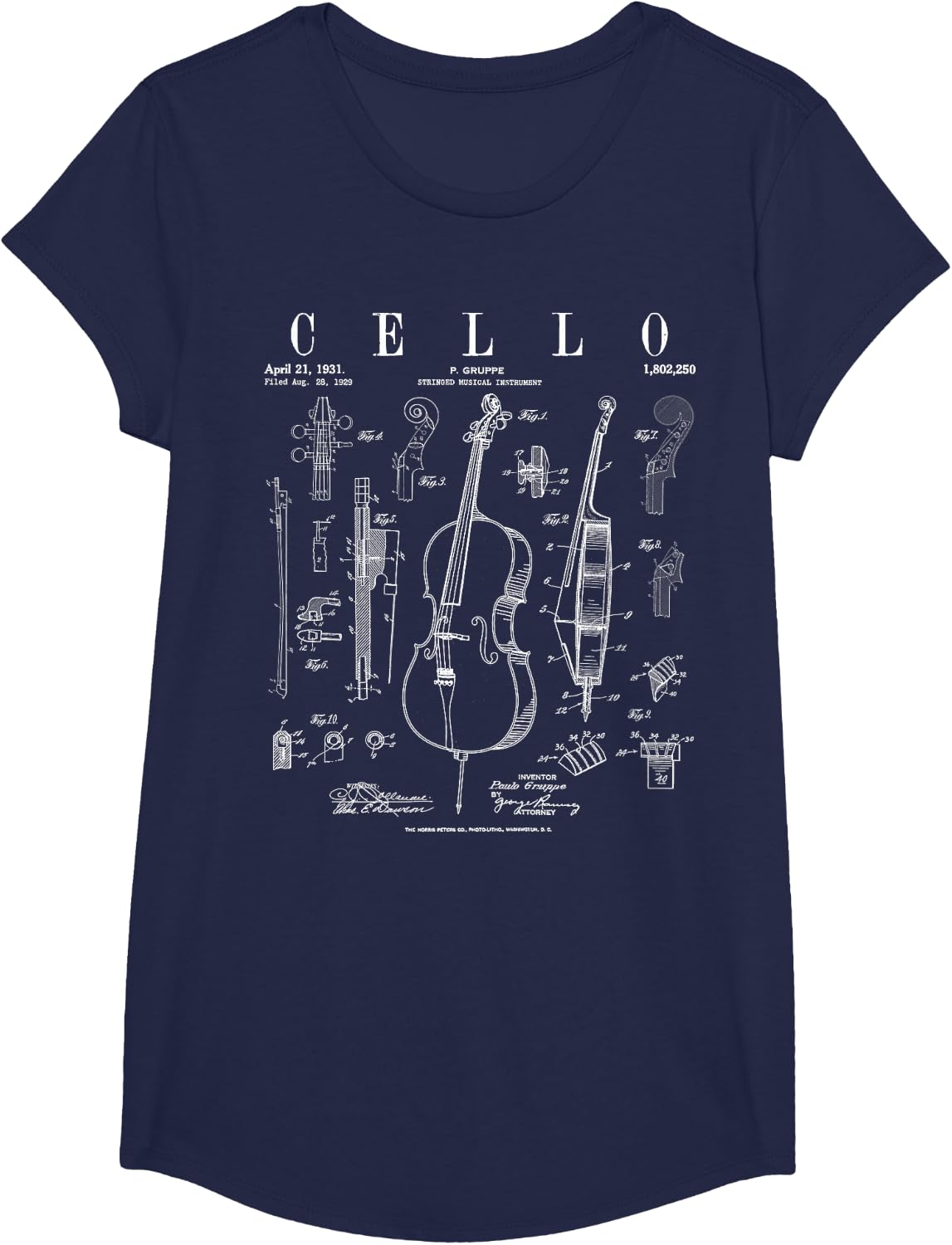 Cello Vintage Patent Cellist Drawing Print T-Shirt